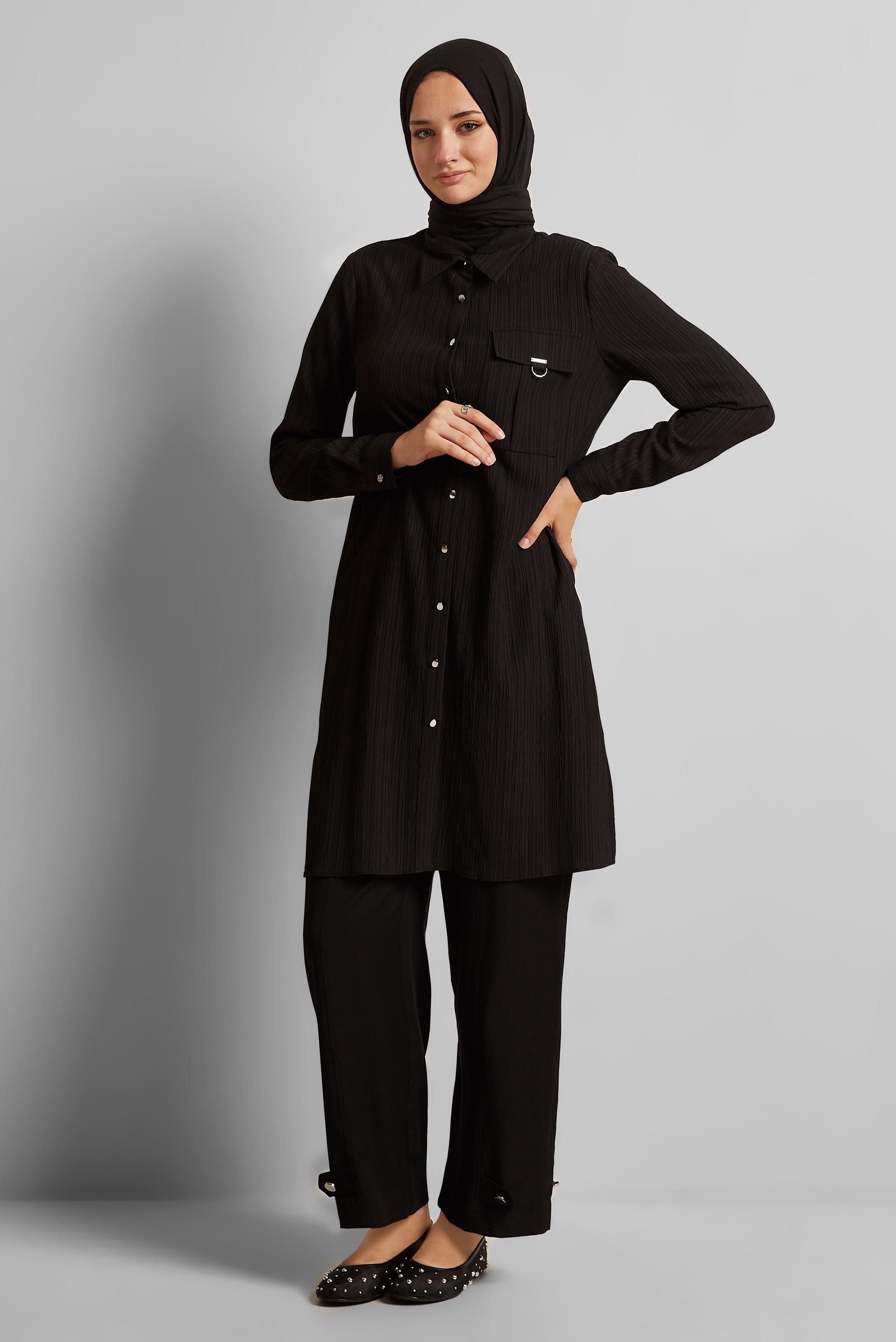 Tesettür giyim SİYAH GÖMLEK YAKA TUNİK 45576