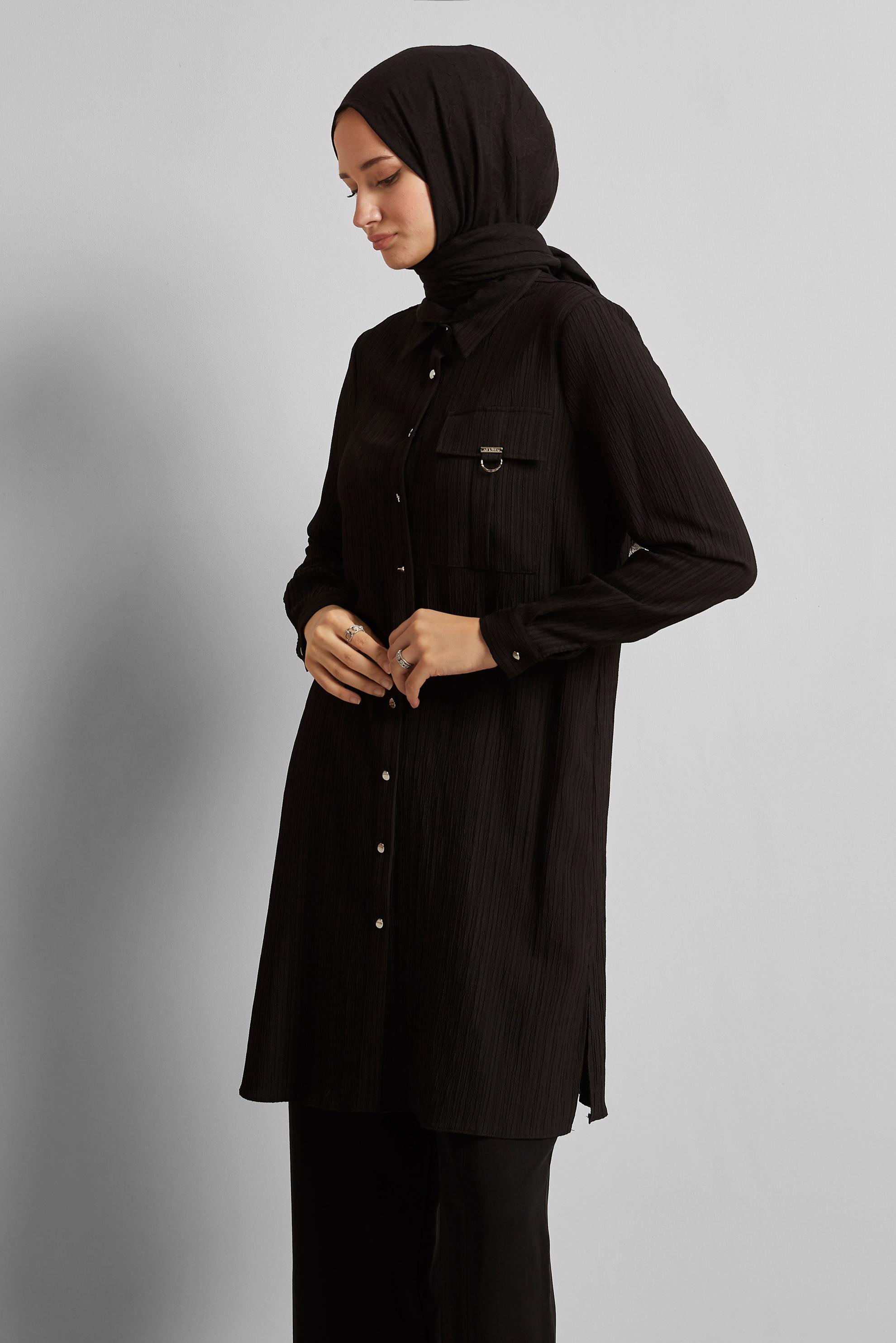 Tesettür giyim SİYAH GÖMLEK YAKA TUNİK 45576