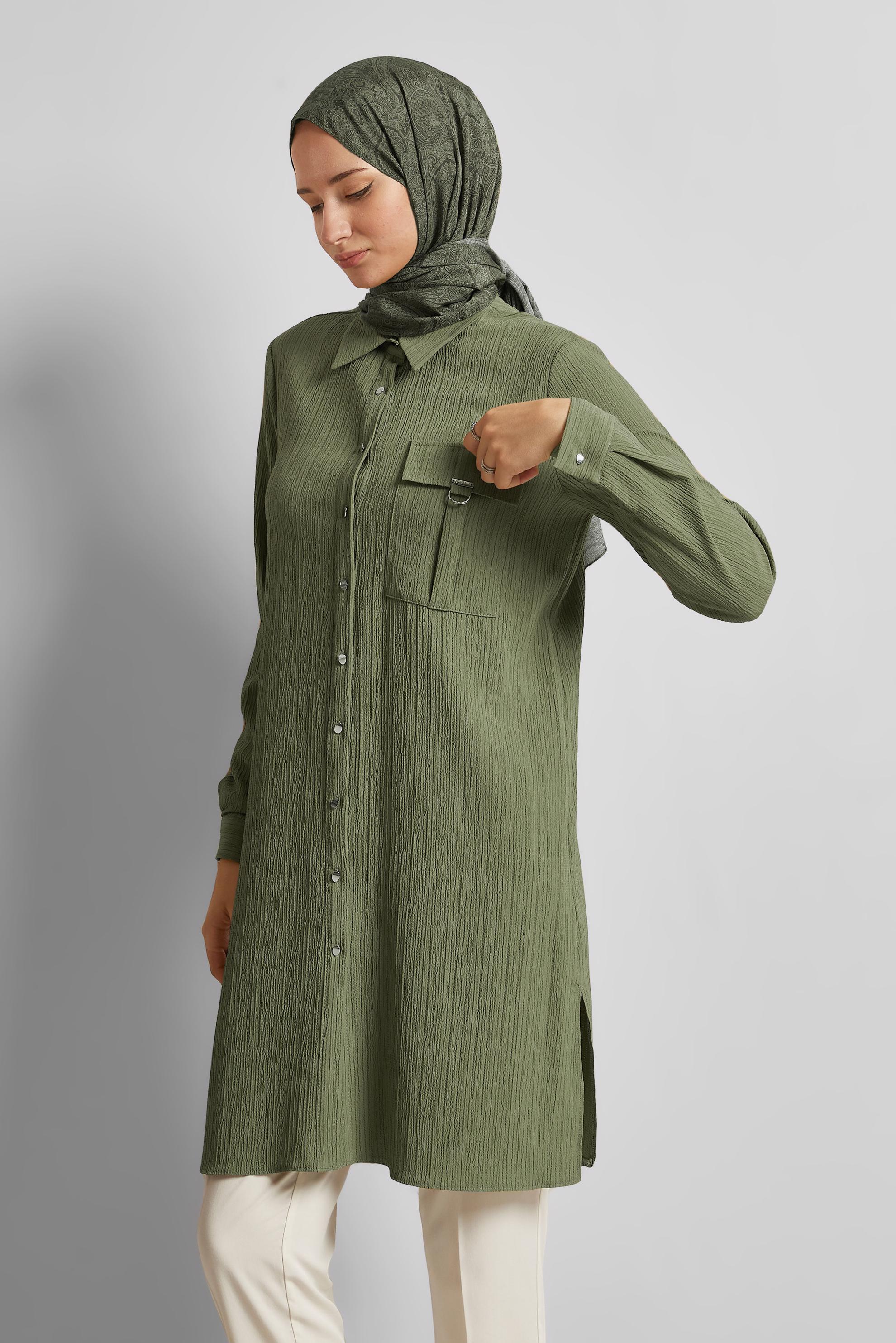 Tesettür giyim HAKİ GÖMLEK YAKA TUNİK 45576