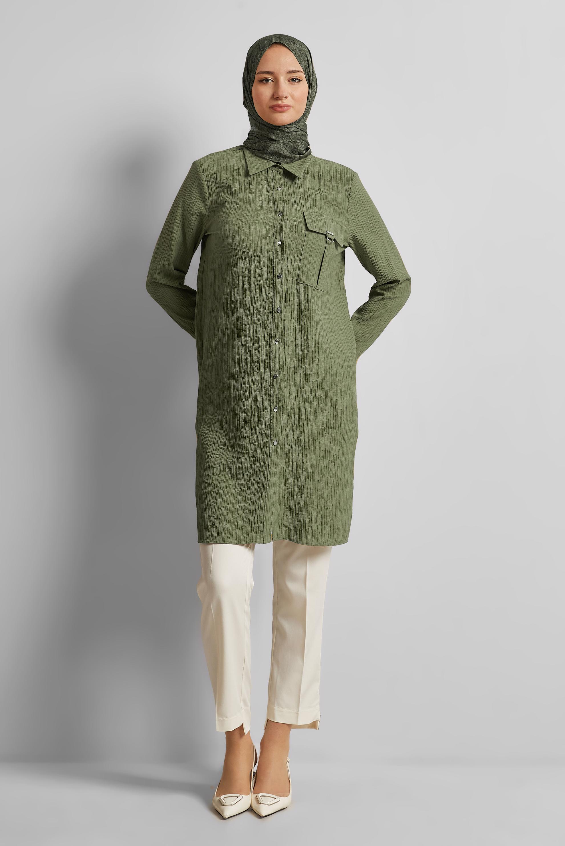 Tesettür giyim HAKİ GÖMLEK YAKA TUNİK 45576