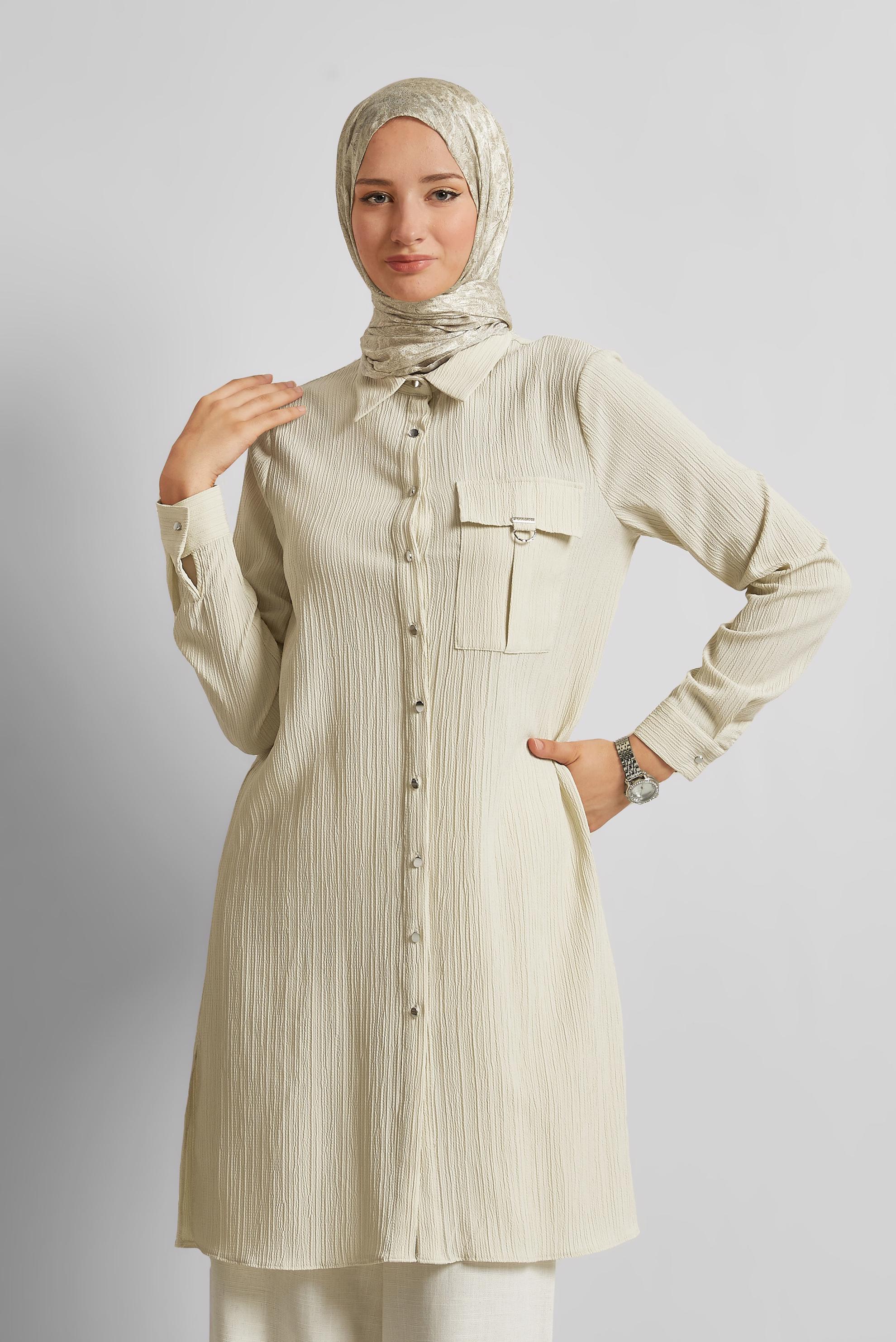 Tesettür giyim BEJ GÖMLEK YAKA TUNİK 45576