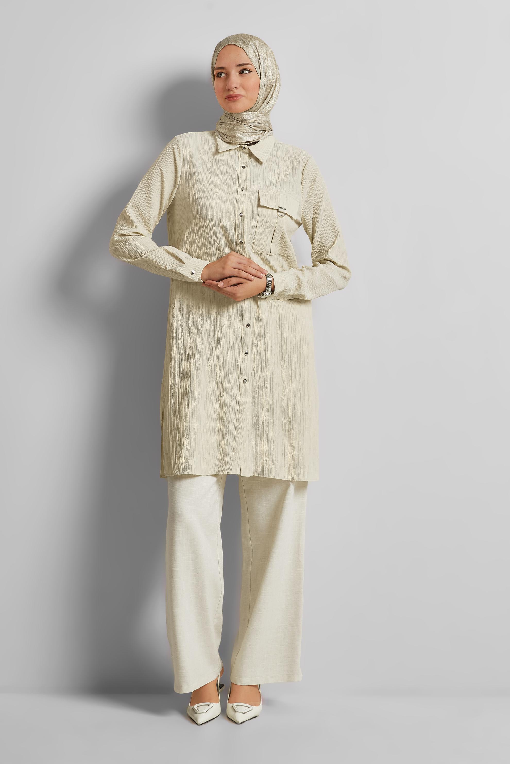 Tesettür giyim BEJ GÖMLEK YAKA TUNİK 45576