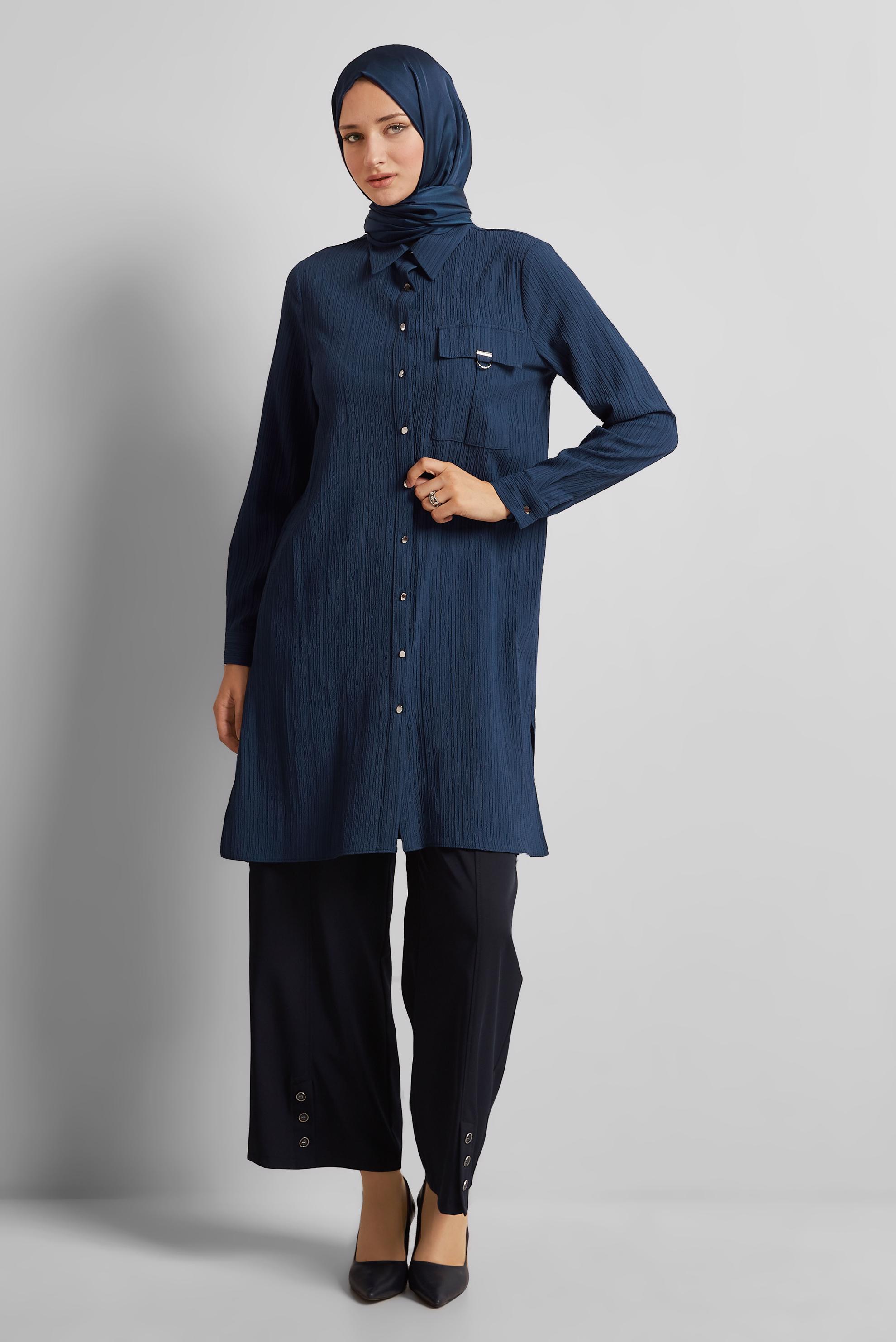 Tesettür giyim LACİVERT GÖMLEK YAKA TUNİK 45576