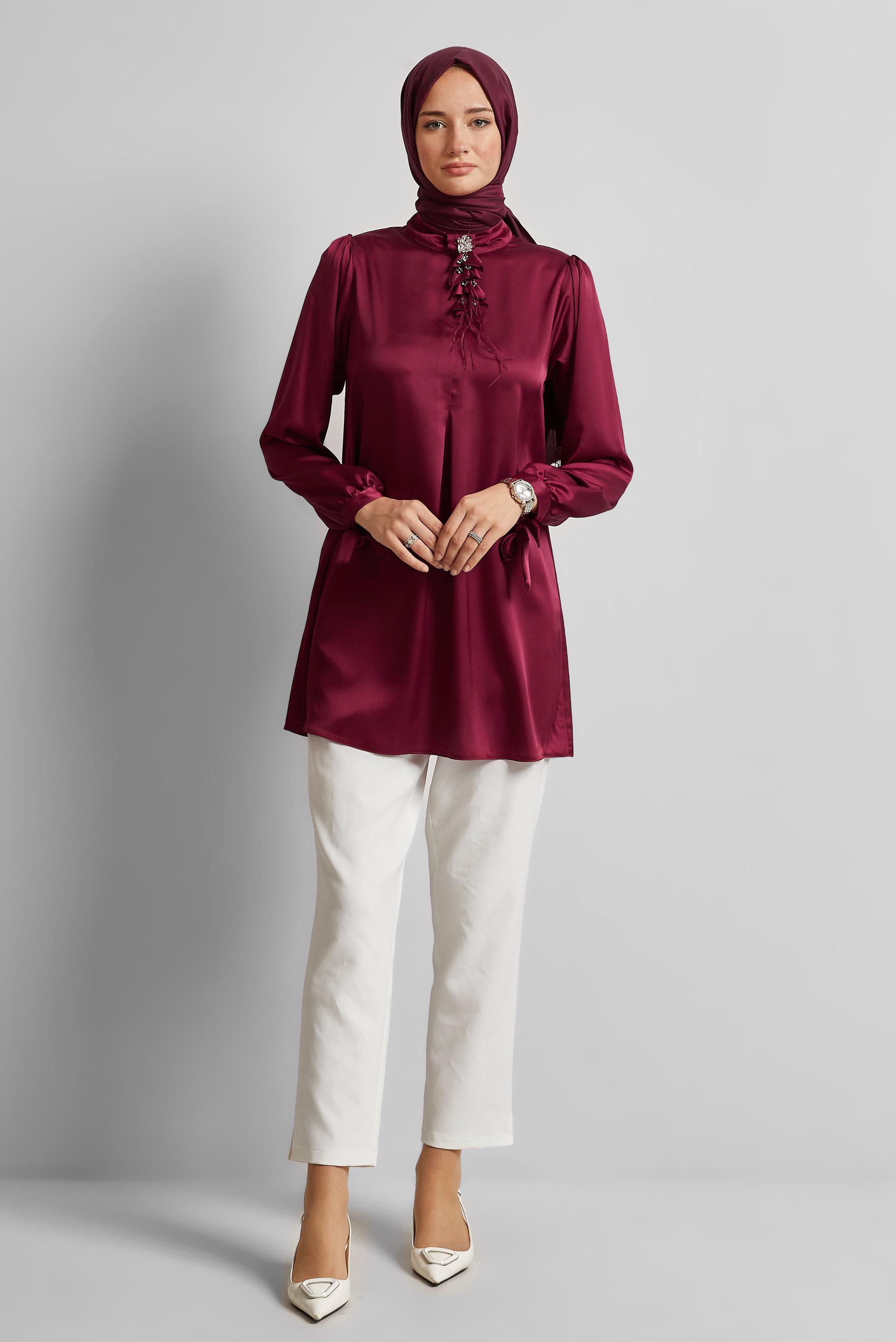 Tesettür giyim BORDO BROŞLU SATEN TUNİK 45589