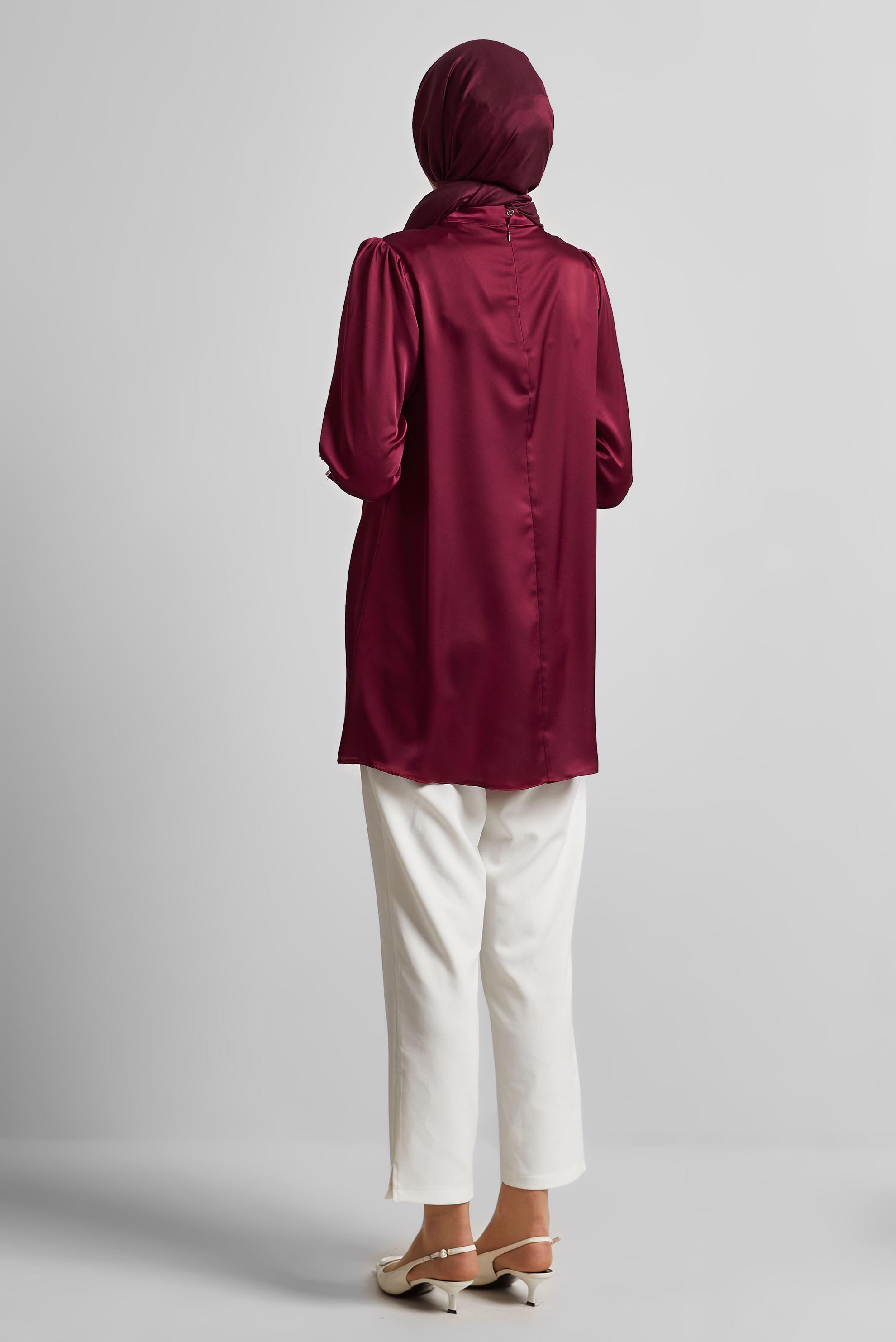 Tesettür giyim BORDO BROŞLU SATEN TUNİK 45589