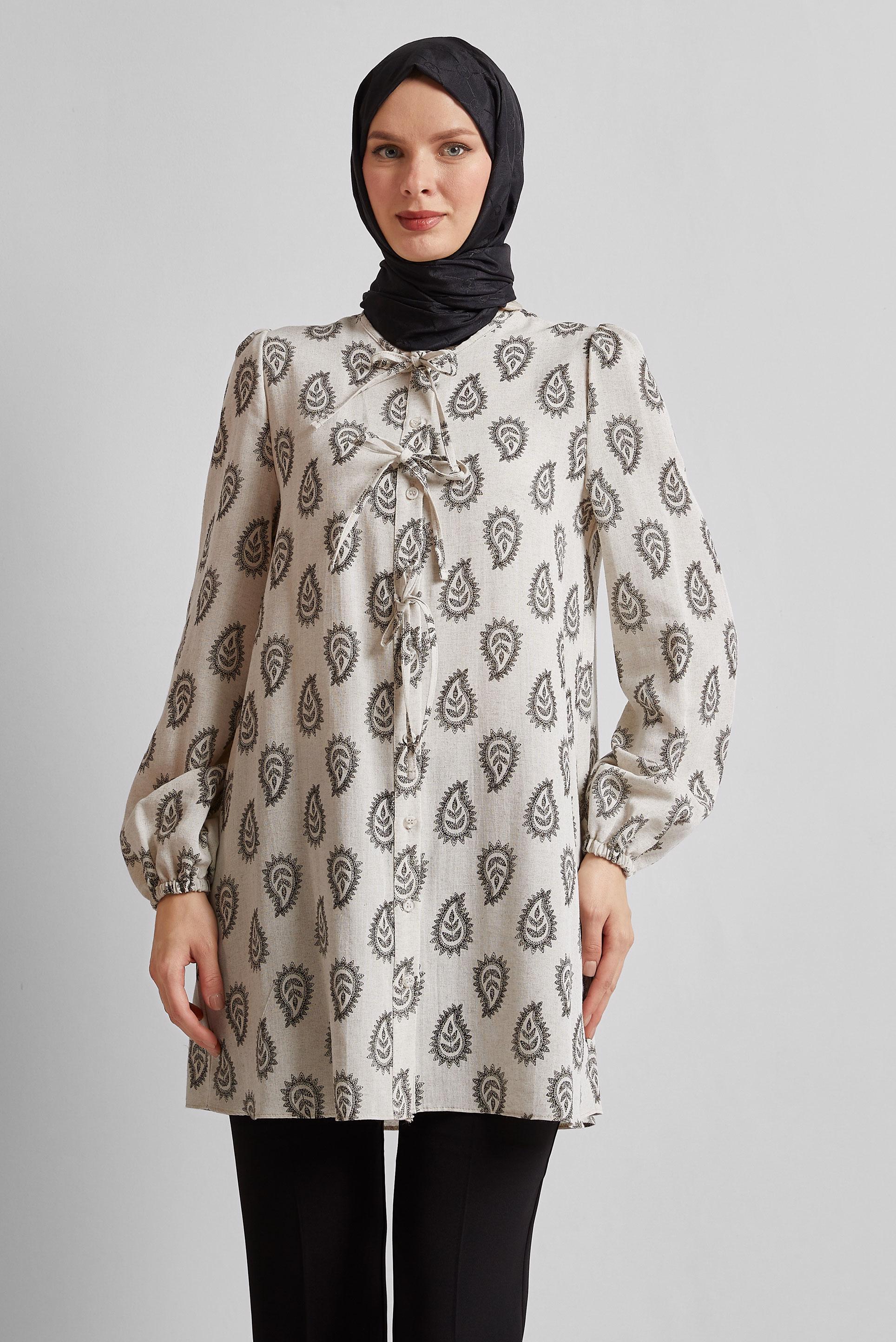 Tesettür giyim SİYAH DESENLİ KETEN TUNİK 45590