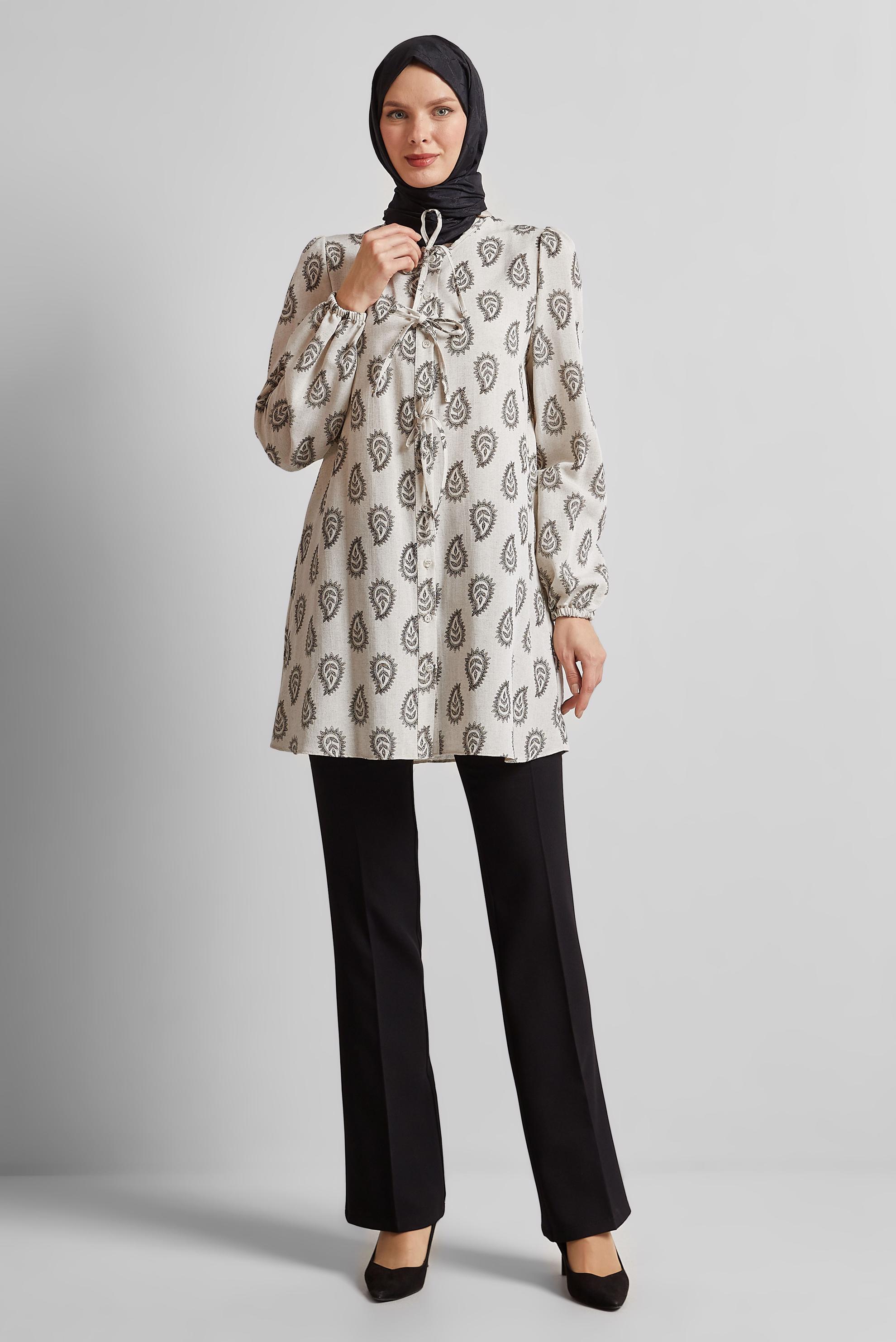 Tesettür giyim SİYAH DESENLİ KETEN TUNİK 45590