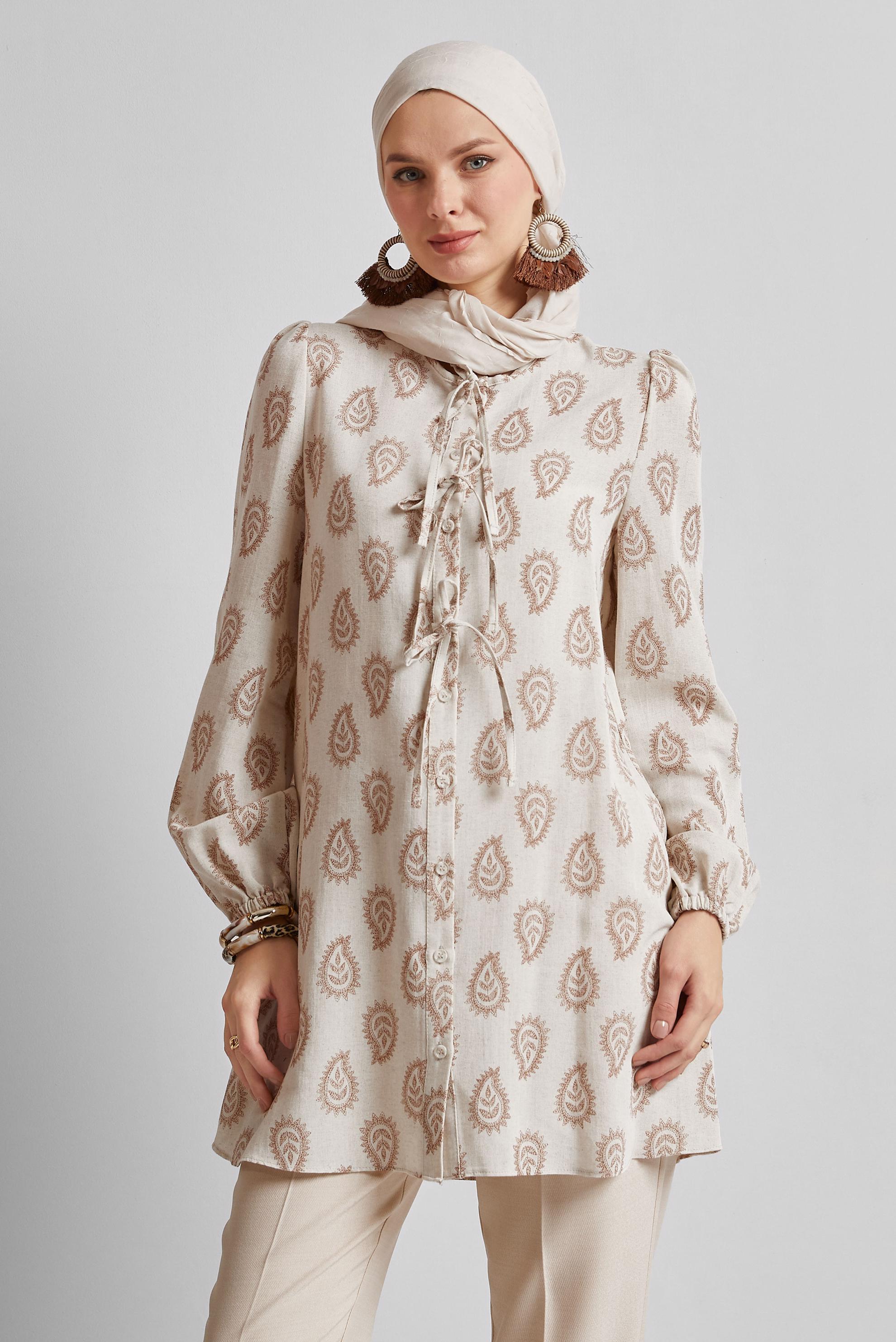 Tesettür giyim TURUNCU DESENLİ KETEN TUNİK 45590