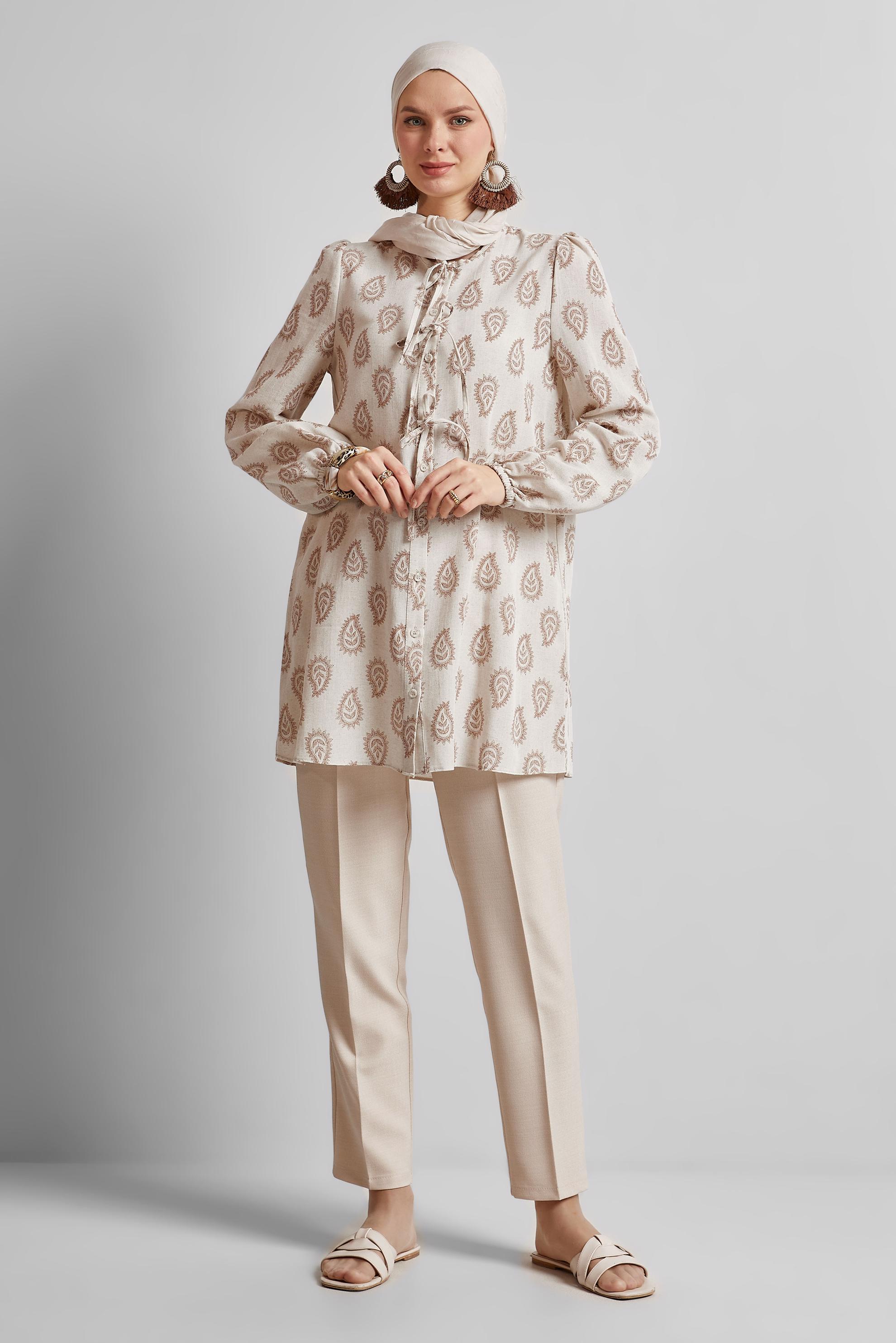 Tesettür giyim TURUNCU DESENLİ KETEN TUNİK 45590