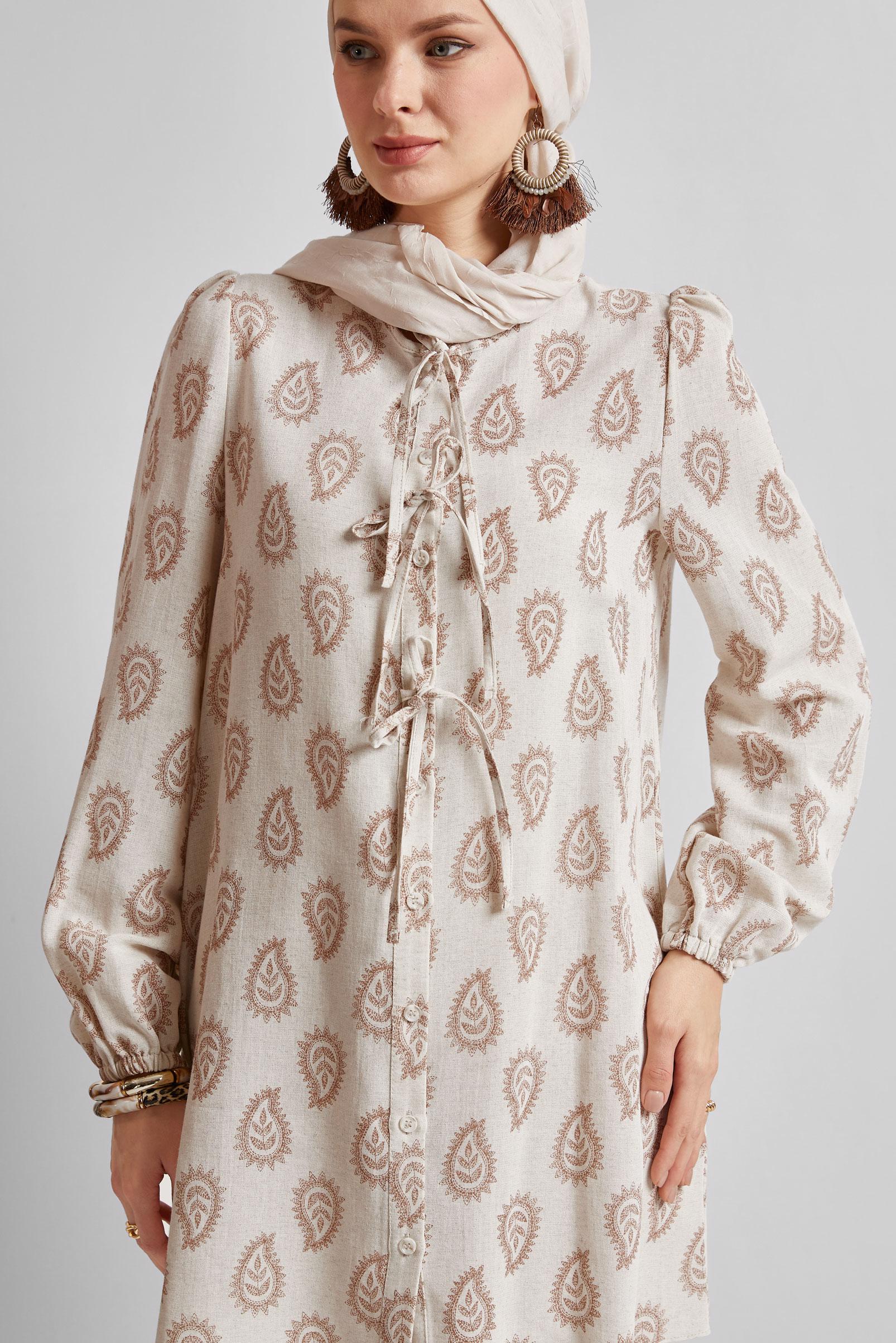 Tesettür giyim TURUNCU DESENLİ KETEN TUNİK 45590