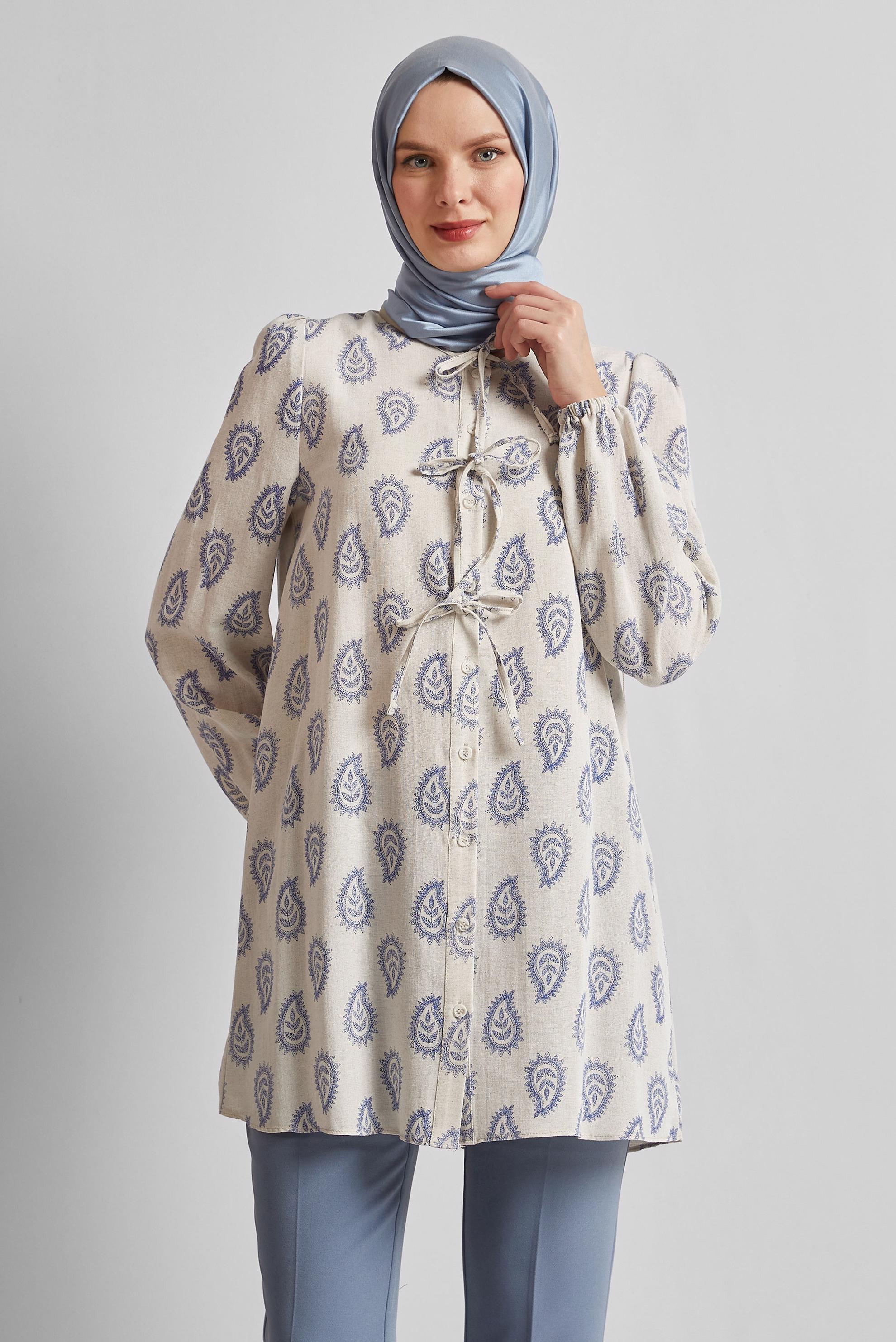 Tesettür giyim LACİVERT DESENLİ KETEN TUNİK 45590