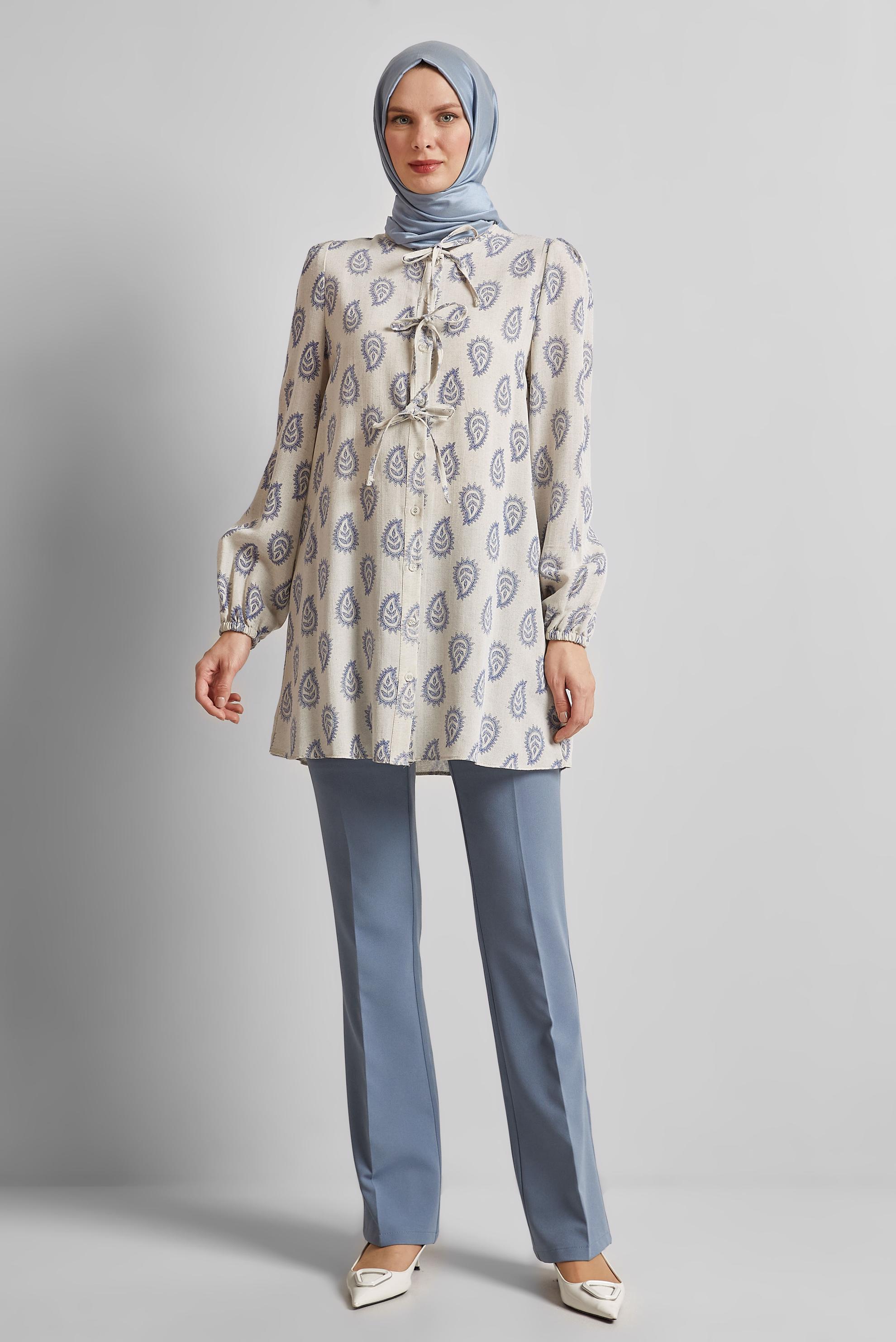 Tesettür giyim LACİVERT DESENLİ KETEN TUNİK 45590