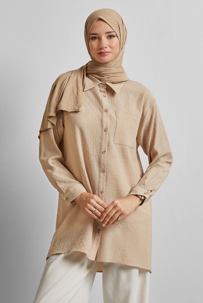 Hijab-Kleidung BEIGE HEMDKRAGEN TUNIKA 45591 - ALVİNA