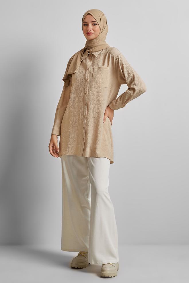 Hijab-Kleidung BEIGE HEMDKRAGEN TUNIKA 45591 - ALVİNA