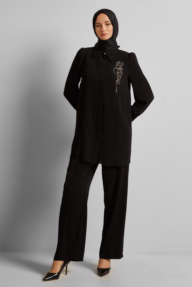 Vêtements hijab NOIR TUNIQUE BRODÉE DE GEMMES 45592 - ALVİNA