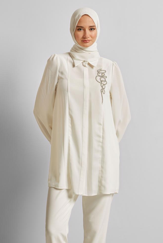 Vêtements hijab BLANC TUNIQUE BRODÉE DE GEMMES 45592 - ALVİNA