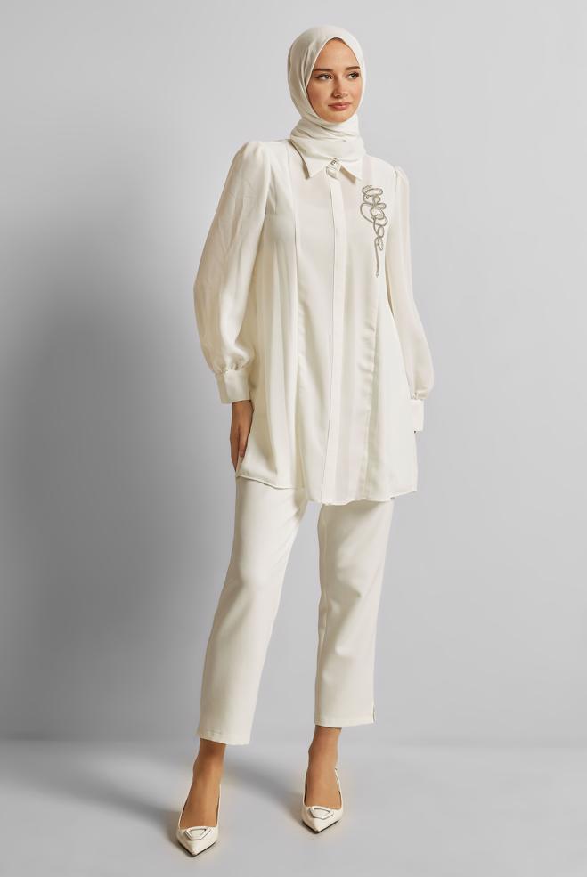 Vêtements hijab BLANC TUNIQUE BRODÉE DE GEMMES 45592 - ALVİNA