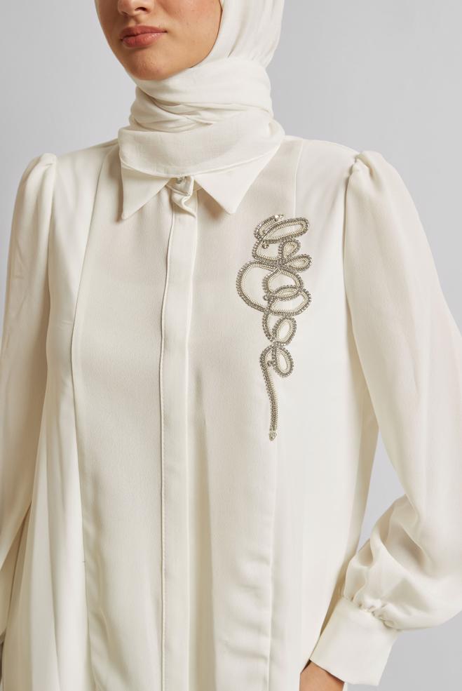 Vêtements hijab BLANC TUNIQUE BRODÉE DE GEMMES 45592 - ALVİNA