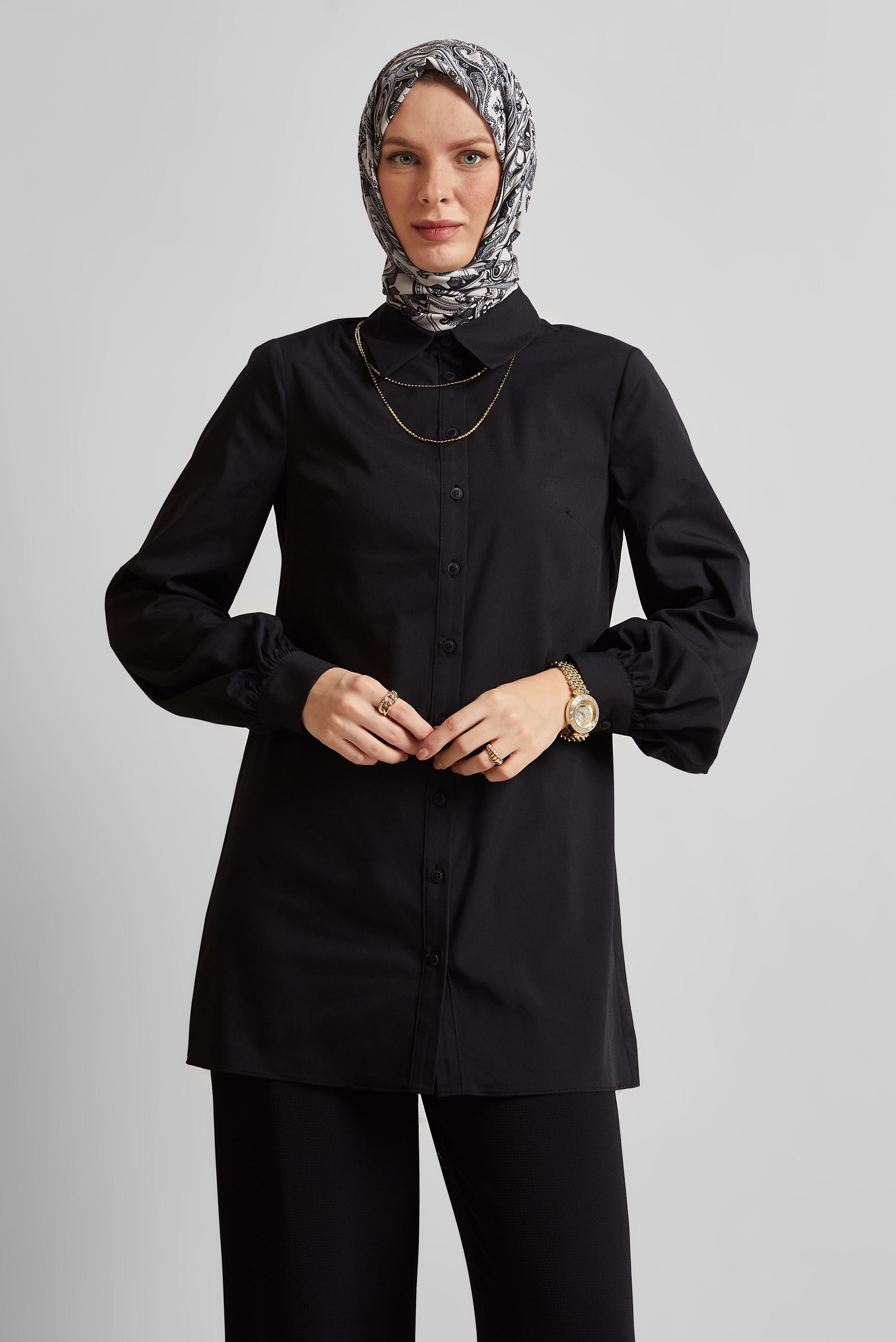Tesettür giyim SİYAH GÖMLEK YAKA TUNİK 45606