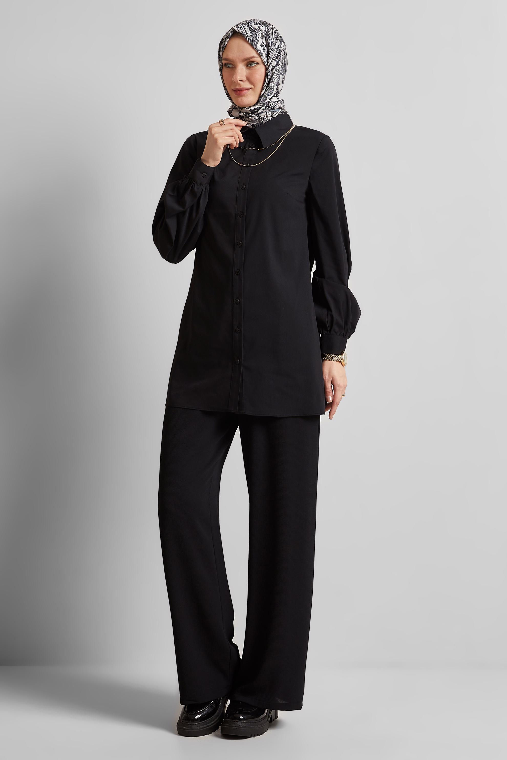Tesettür giyim SİYAH GÖMLEK YAKA TUNİK 45606