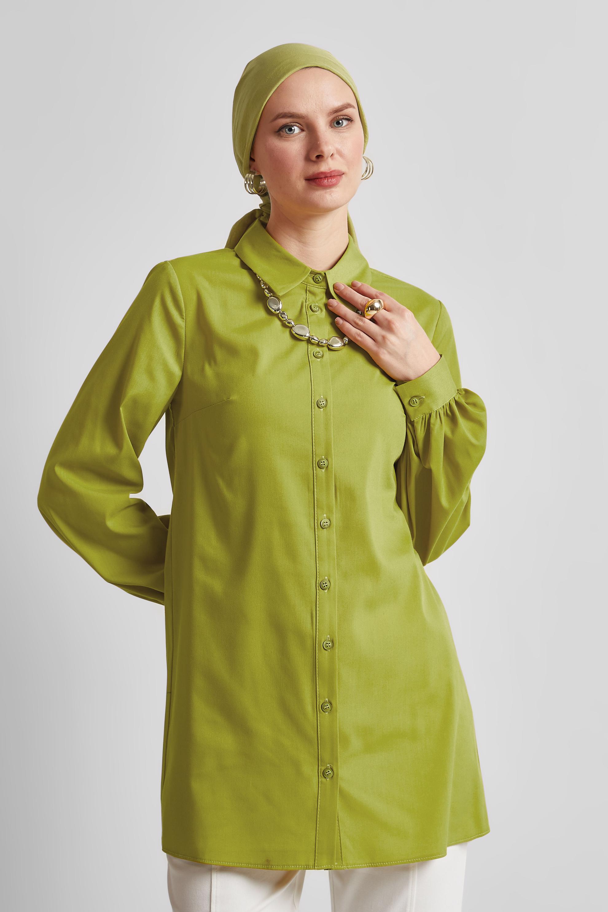 Tesettür giyim YEŞİL GÖMLEK YAKA TUNİK 45606