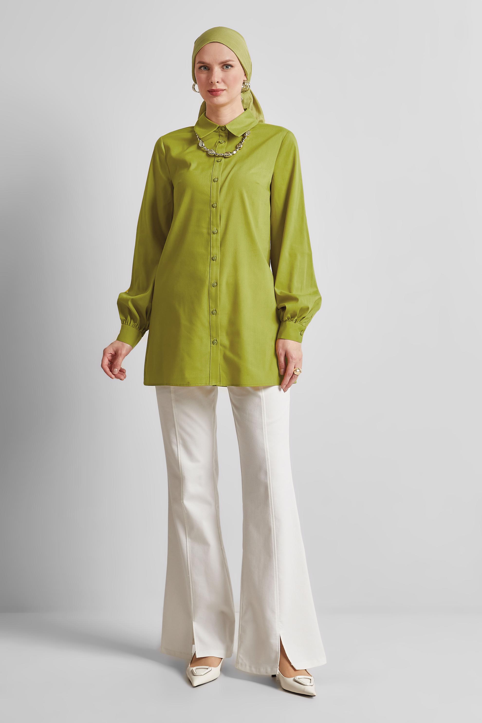 Tesettür giyim YEŞİL GÖMLEK YAKA TUNİK 45606