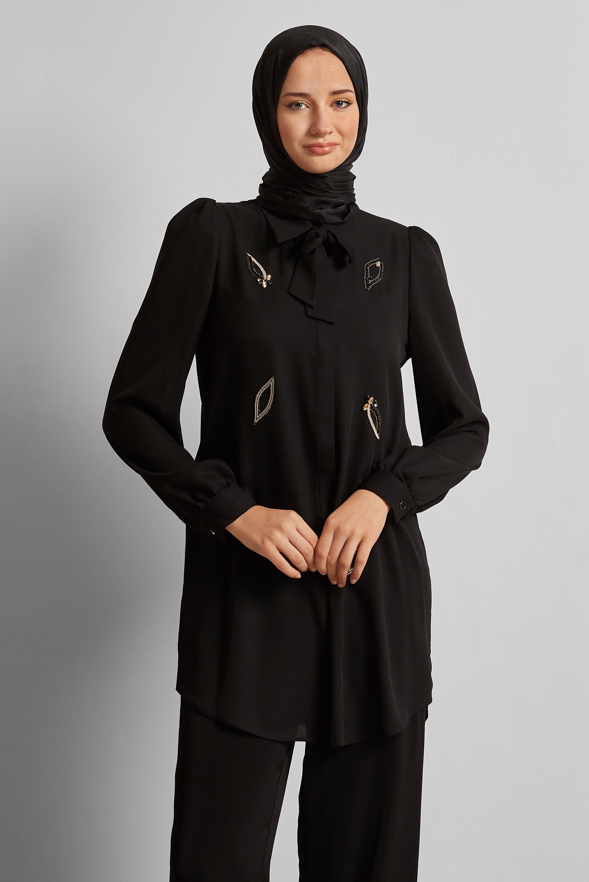 Tesettür giyim SİYAH BAĞLAMA DETAYLI TUNİK 45609
