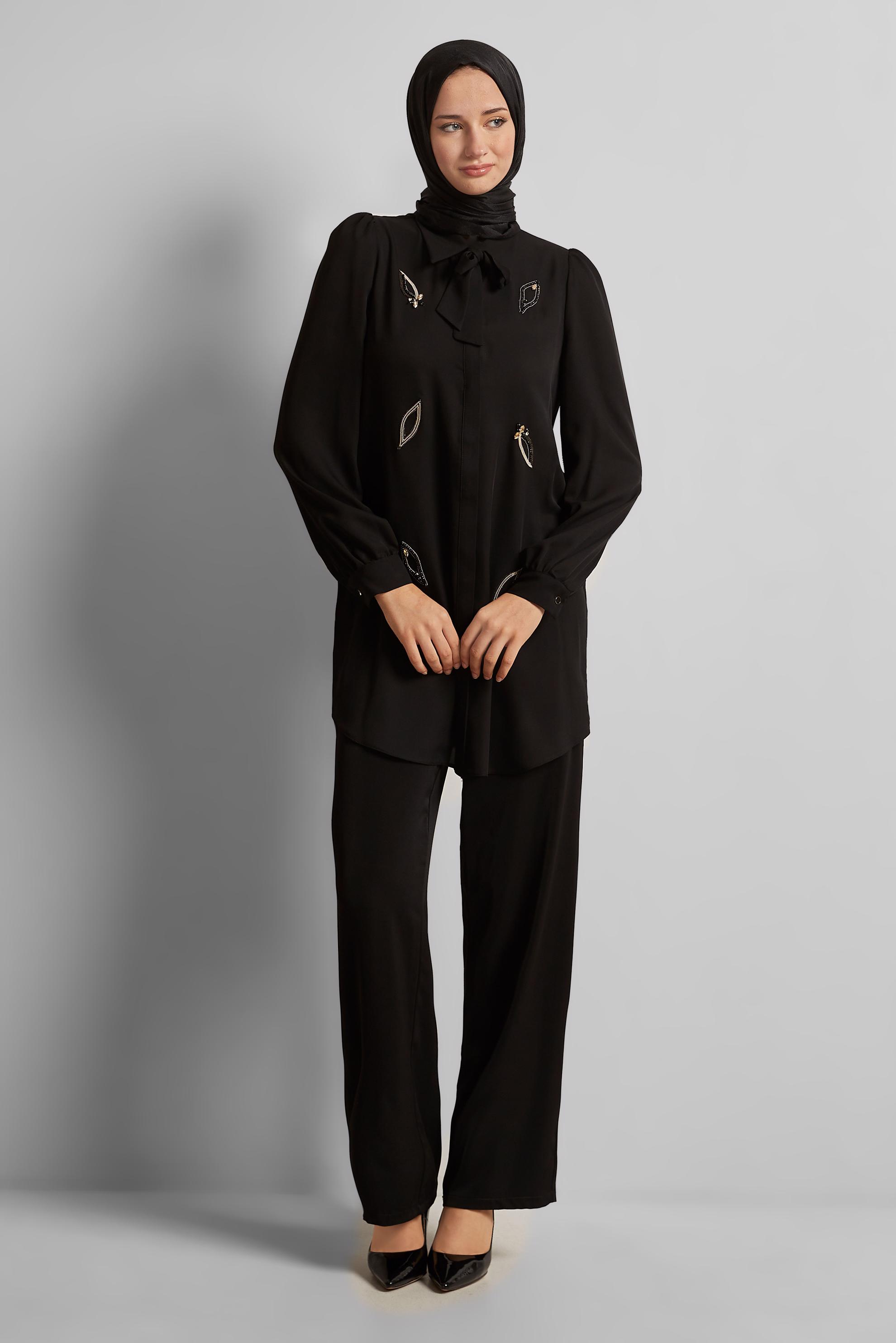 Tesettür giyim SİYAH BAĞLAMA DETAYLI TUNİK 45609