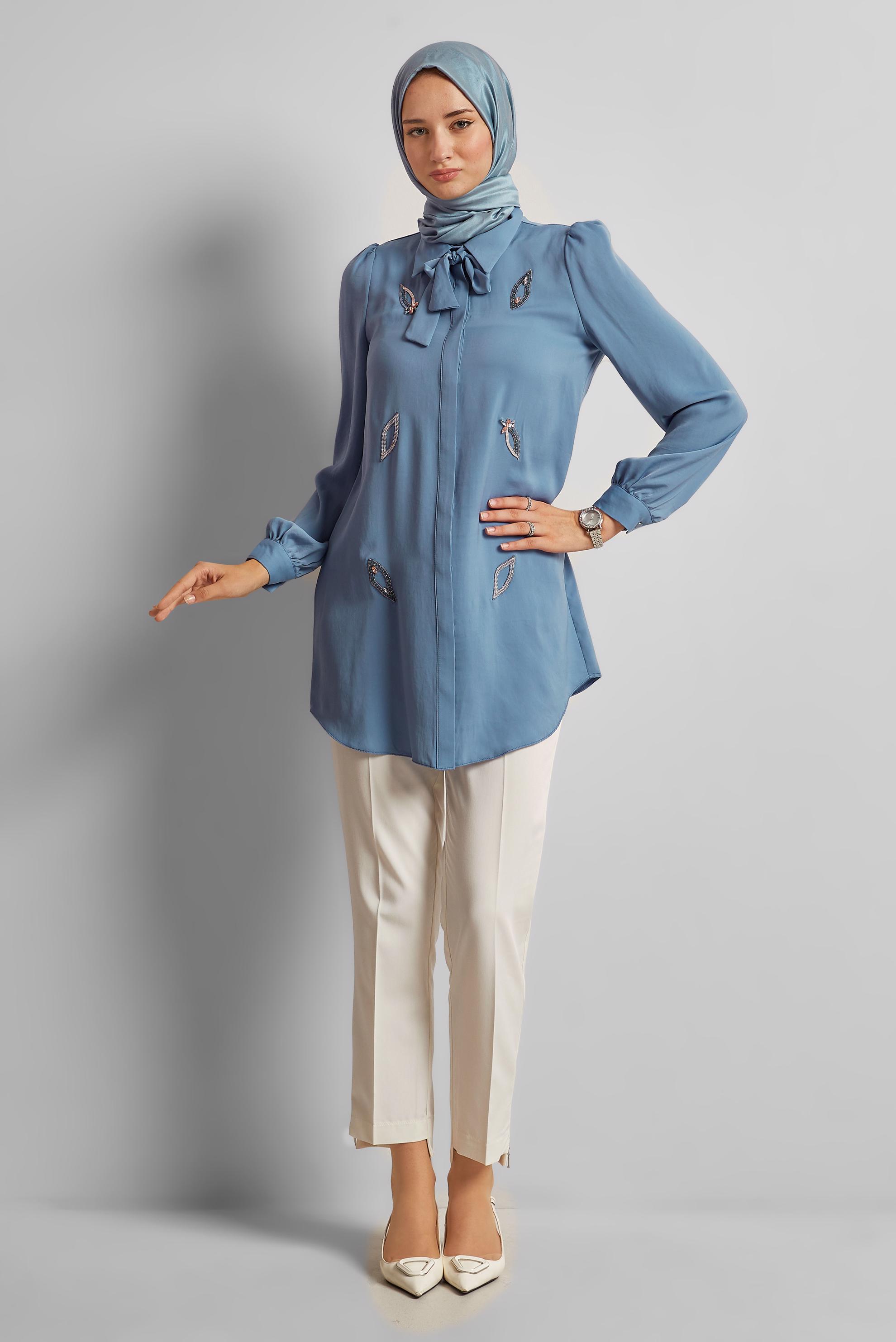 Tesettür giyim MAVİ BAĞLAMA DETAYLI TUNİK 45609