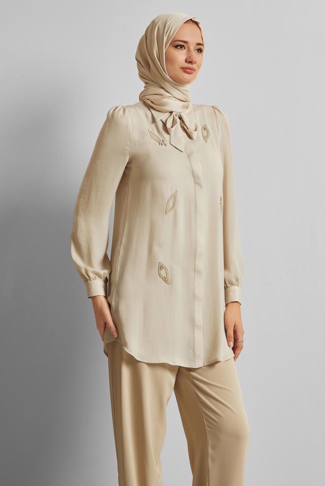 Vêtements hijab BEIGE TUNIQUE NOUÉE 45609 - ALVİNA