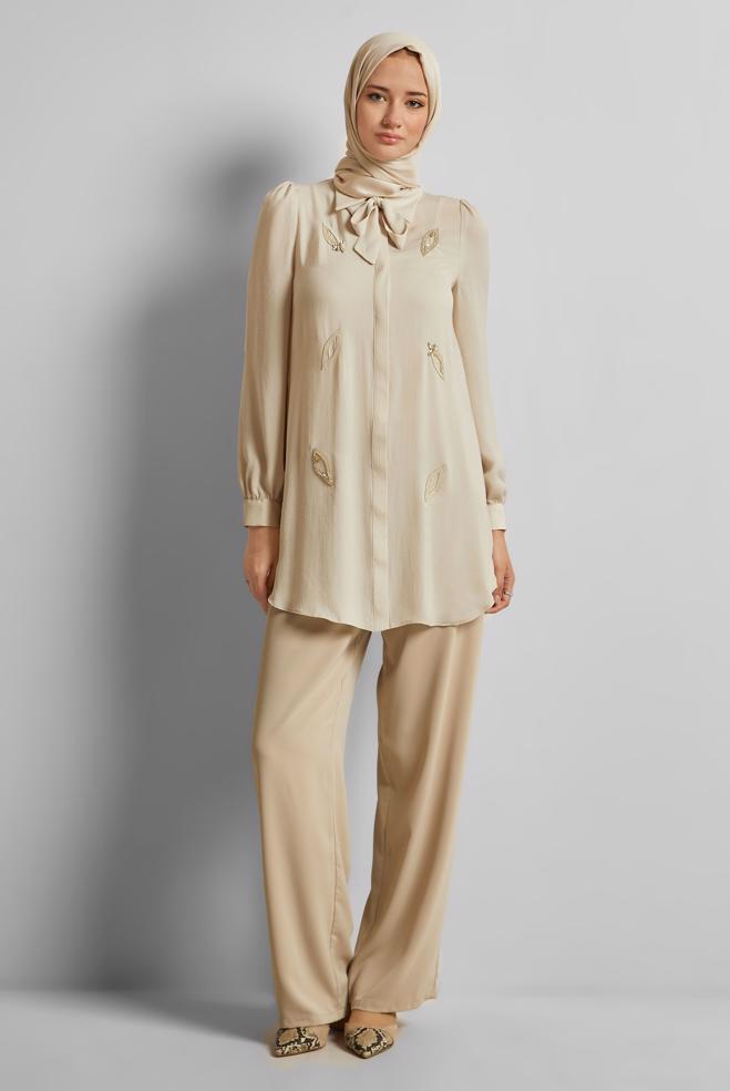 Vêtements hijab BEIGE TUNIQUE NOUÉE 45609 - ALVİNA