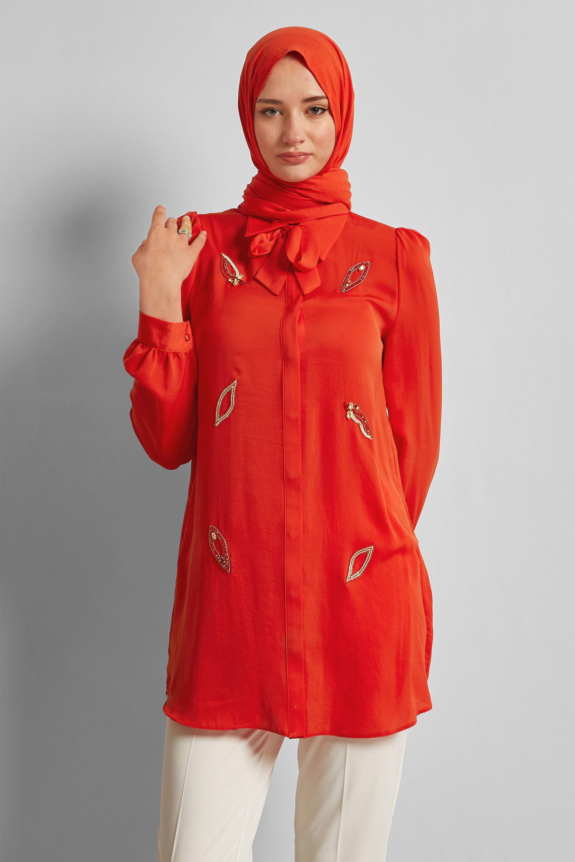Tesettür giyim KIRMIZI BAĞLAMA DETAYLI TUNİK 45609