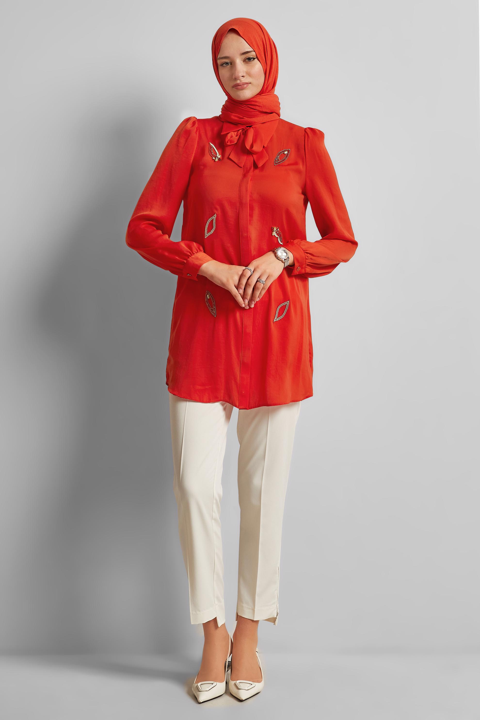 Tesettür giyim KIRMIZI BAĞLAMA DETAYLI TUNİK 45609