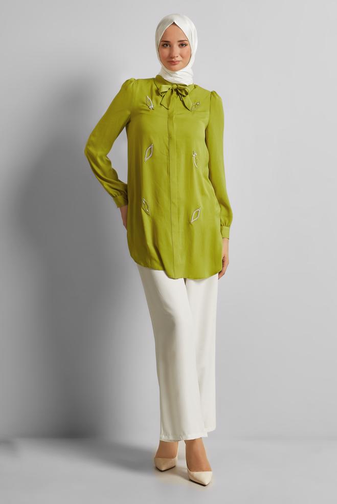 Vêtements hijab VERT TUNIQUE NOUÉE 45609 - ALVİNA