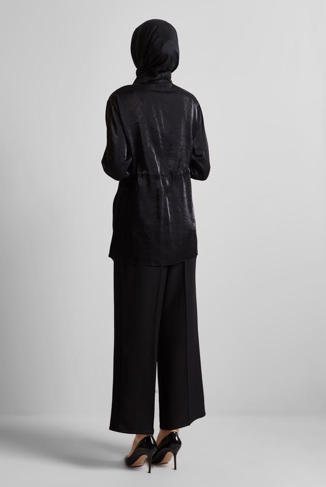 Hijab-Kleidung SCHWARZ TUNIKA AUS SATIN MIT SMOCKBUND 45610 - ALVİNA