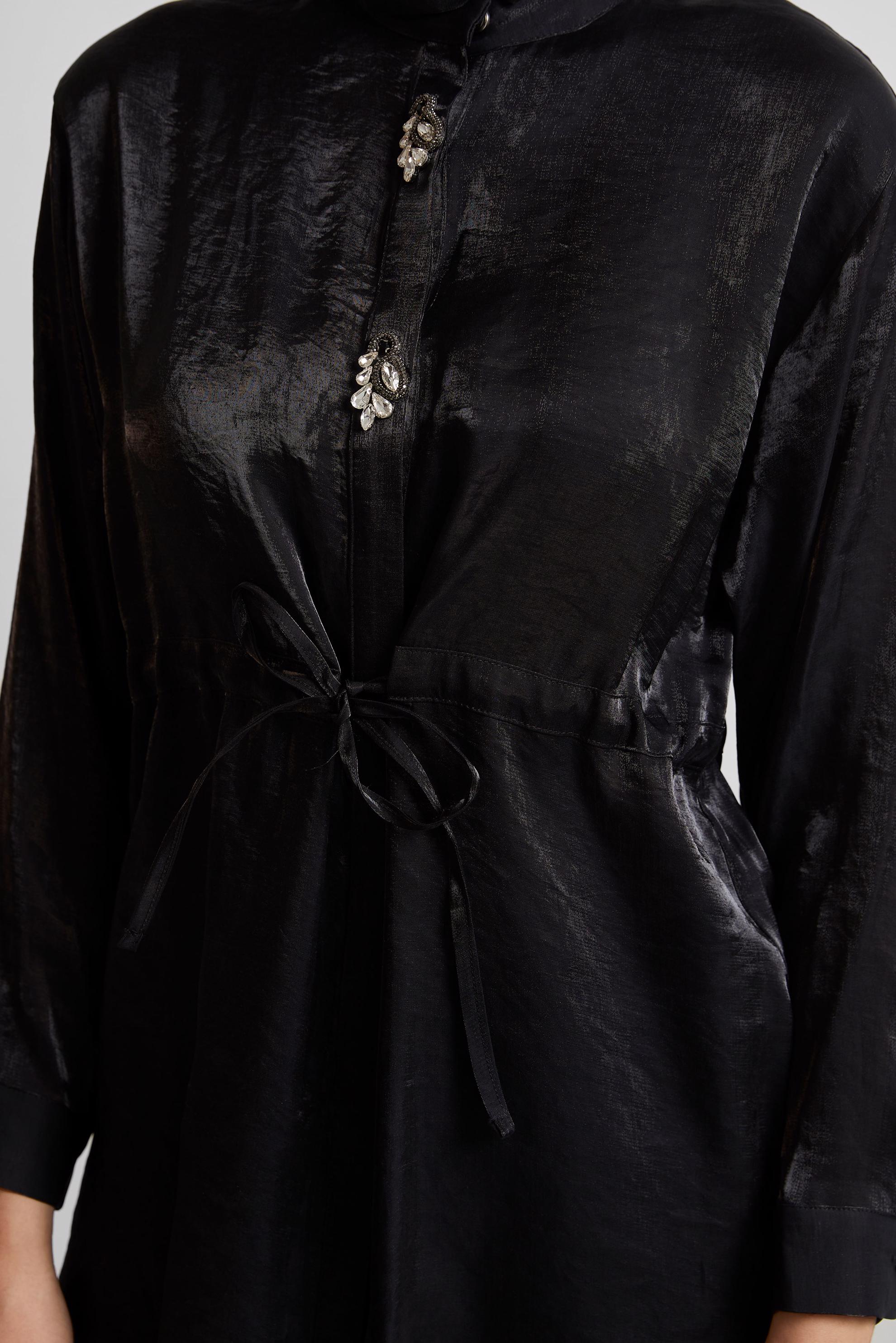 Tesettür giyim SİYAH BELİ BÜZGÜLÜ SATEN TUNİK 45610