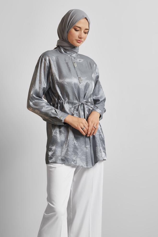 Hijab-Kleidung GRAU TUNIKA AUS SATIN MIT SMOCKBUND 45610 - ALVİNA