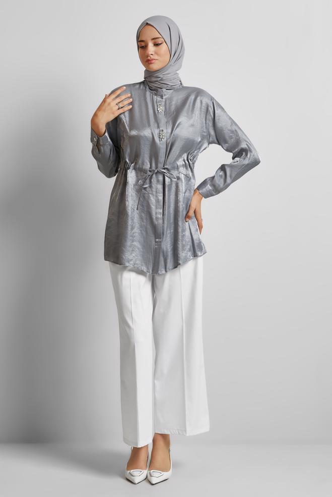 Hijab-Kleidung GRAU TUNIKA AUS SATIN MIT SMOCKBUND 45610 - ALVİNA