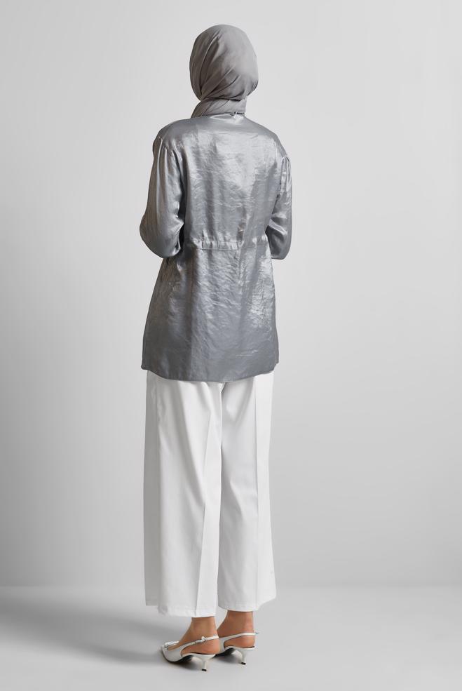 Hijab-Kleidung GRAU TUNIKA AUS SATIN MIT SMOCKBUND 45610 - ALVİNA
