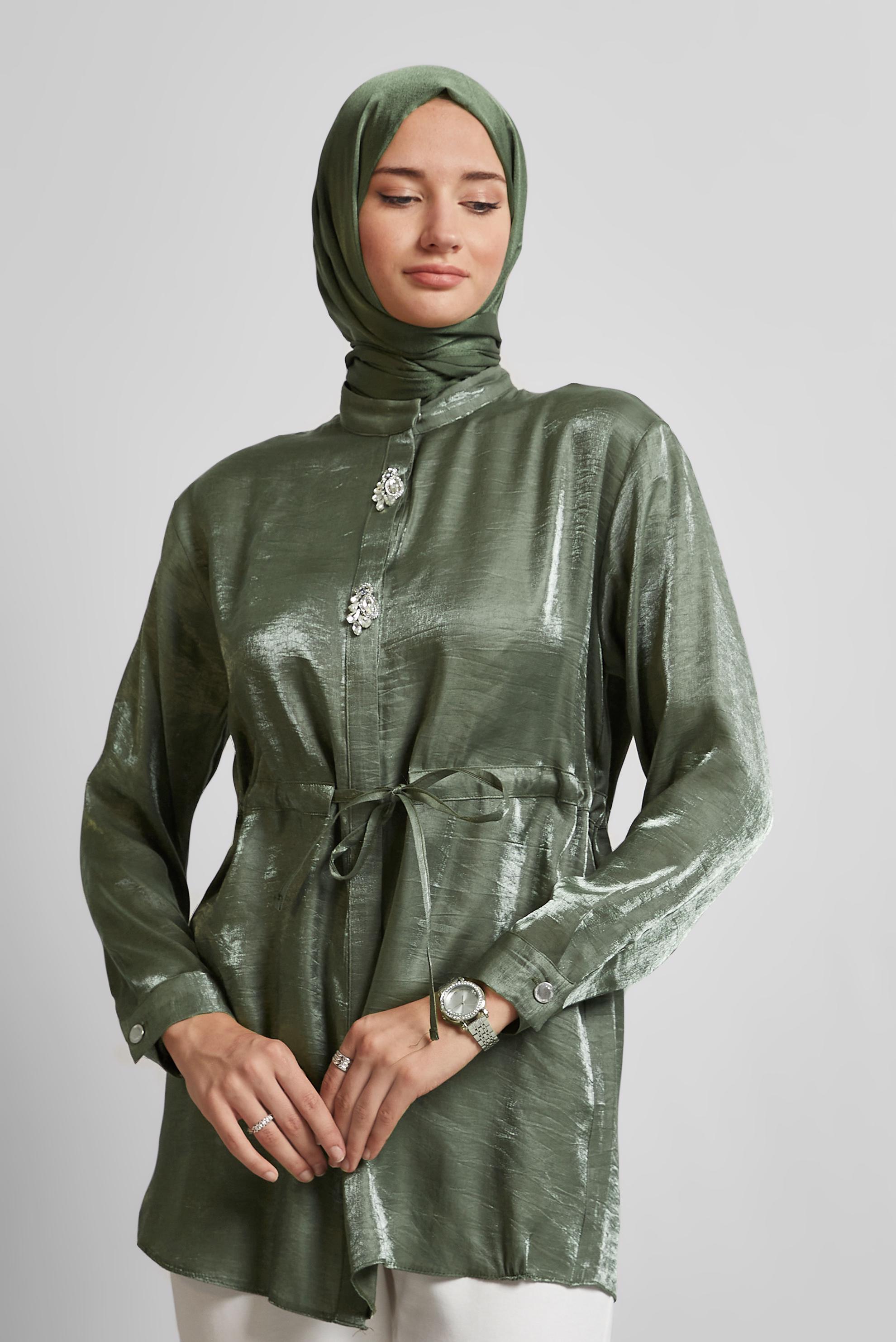 Tesettür giyim HAKİ BELİ BÜZGÜLÜ SATEN TUNİK 45610