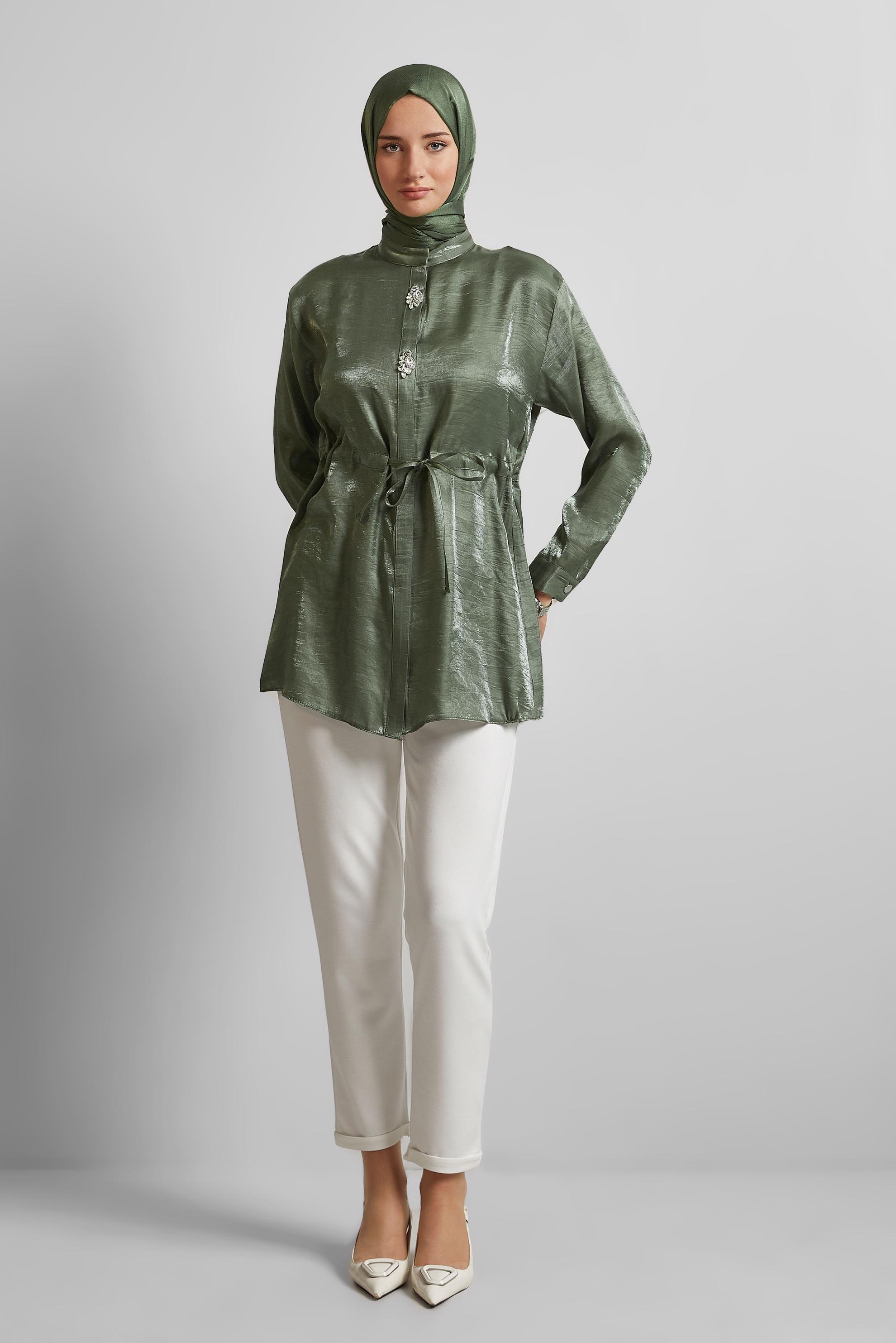 Tesettür giyim HAKİ BELİ BÜZGÜLÜ SATEN TUNİK 45610