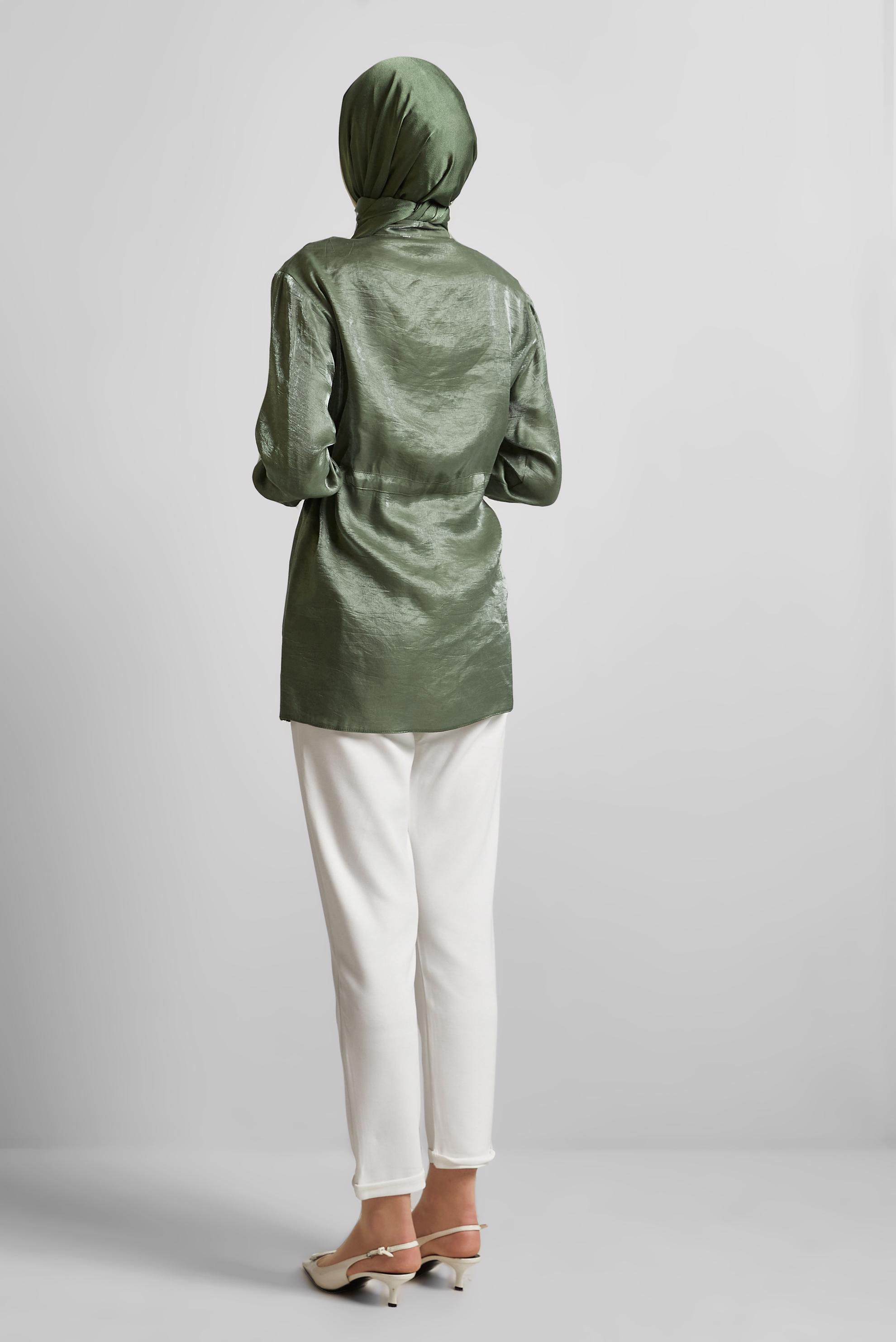 Tesettür giyim HAKİ BELİ BÜZGÜLÜ SATEN TUNİK 45610