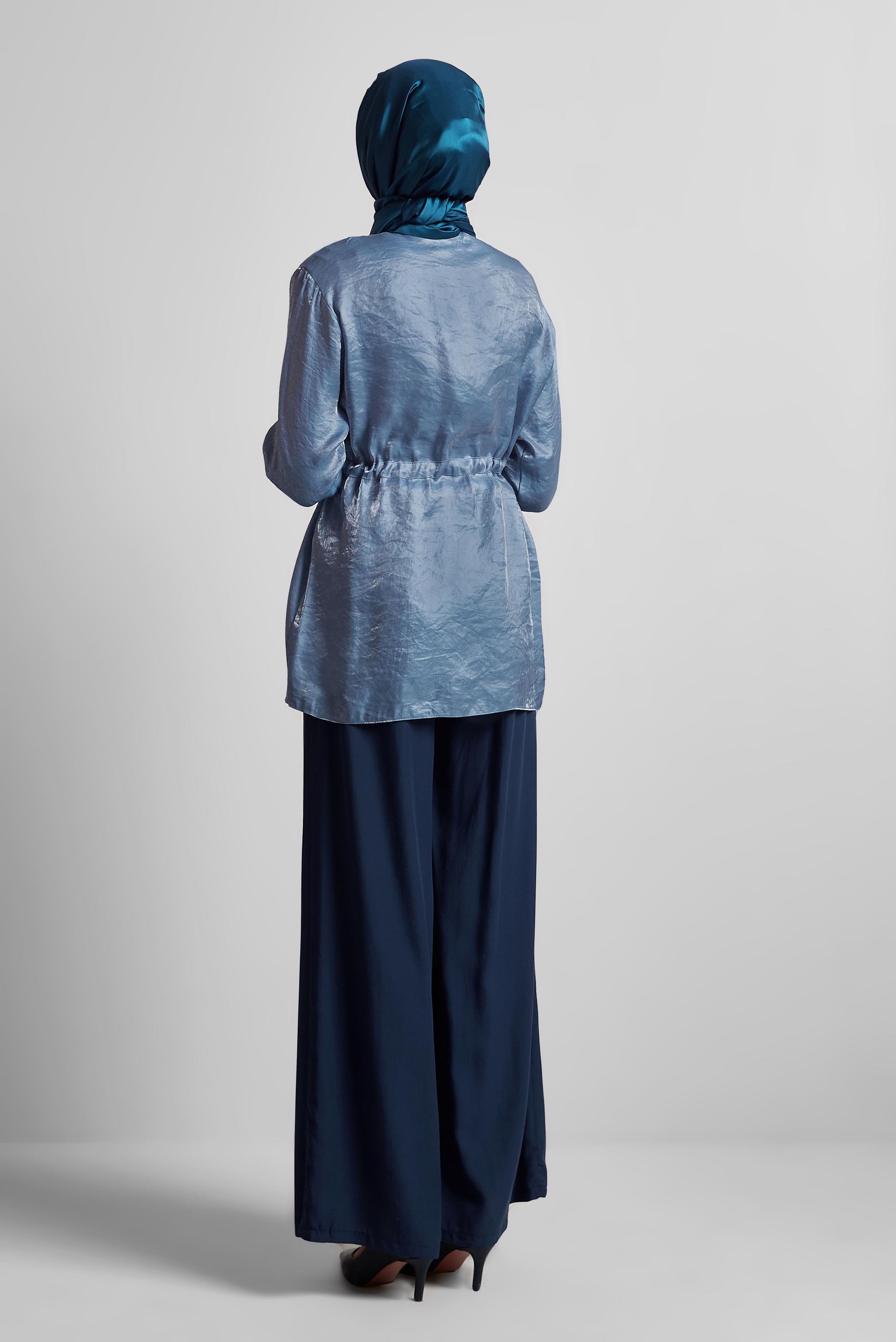 Tesettür giyim LACİVERT BELİ BÜZGÜLÜ SATEN TUNİK 45610