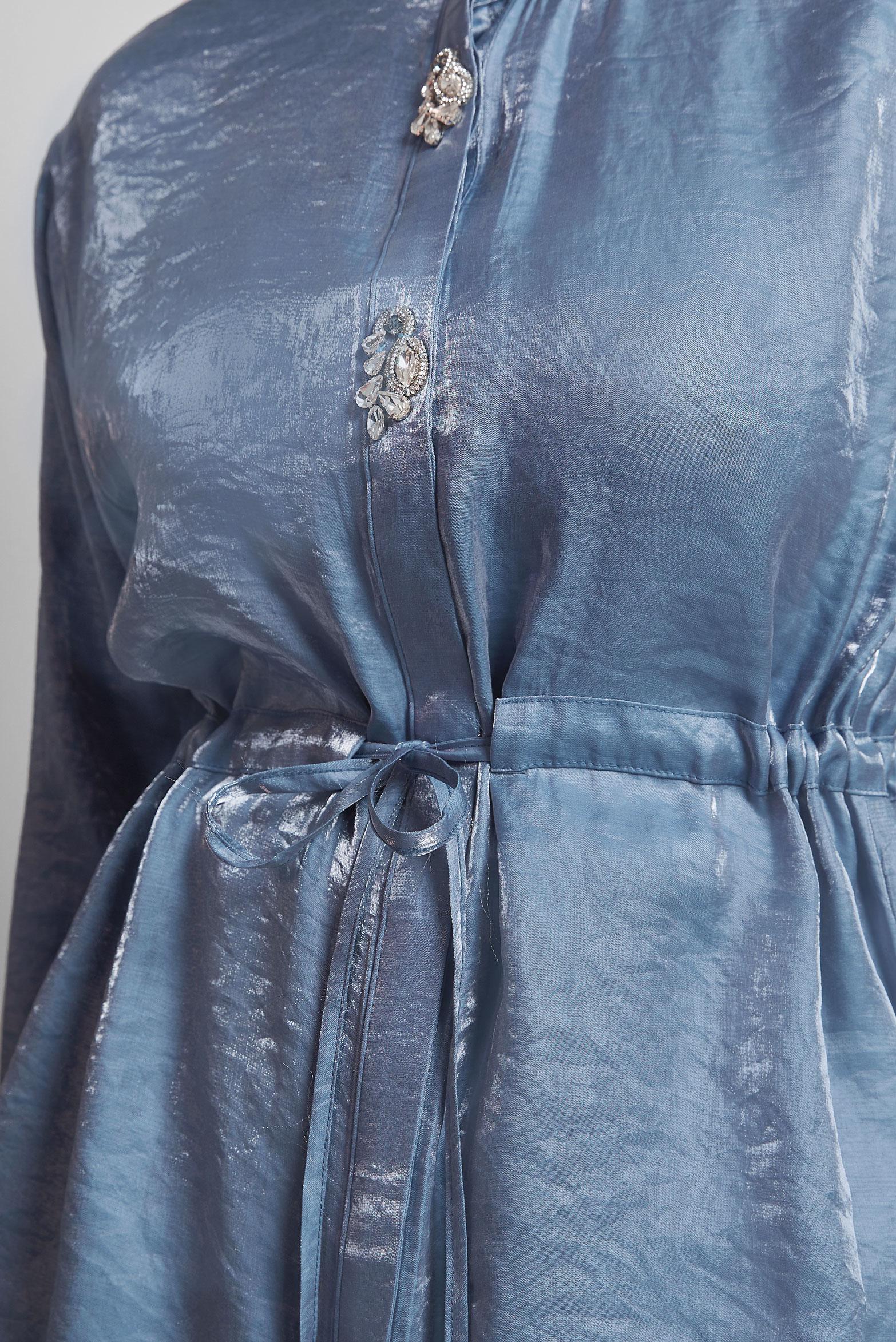 Tesettür giyim LACİVERT BELİ BÜZGÜLÜ SATEN TUNİK 45610