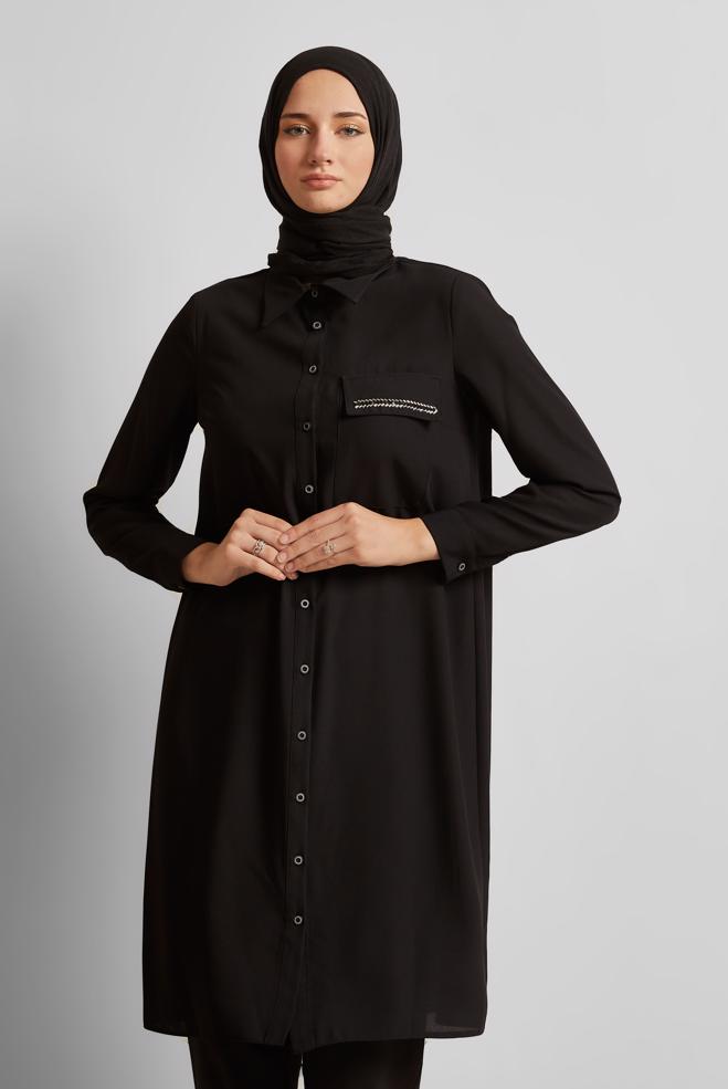 Vêtements hijab NOIR TUNIQUE COL CHEMISE 45611 - ALVİNA