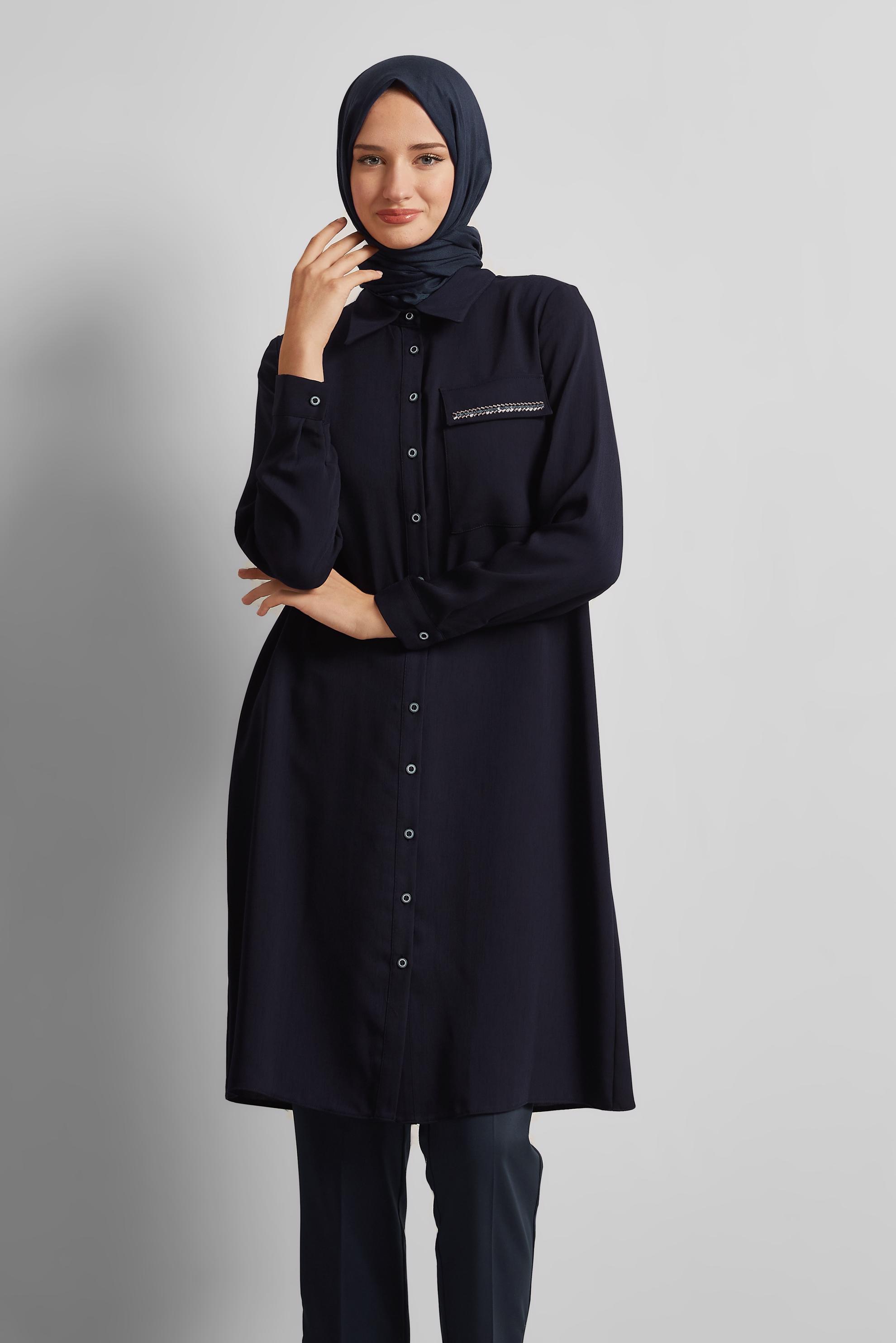 Tesettür giyim LACİVERT GÖMLEK YAKA TUNİK 45611