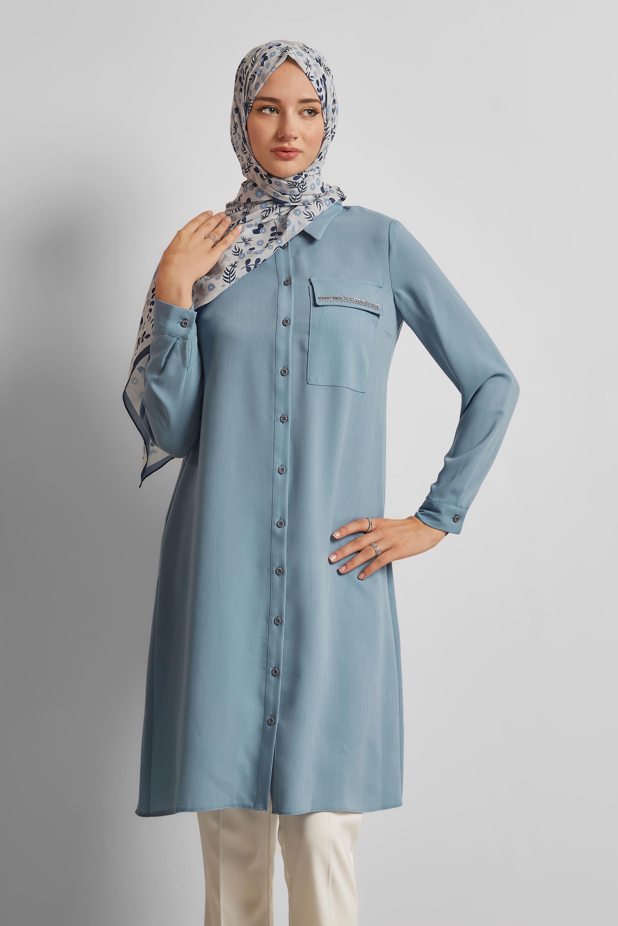 Tesettür giyim MAVİ GÖMLEK YAKA TUNİK 45611