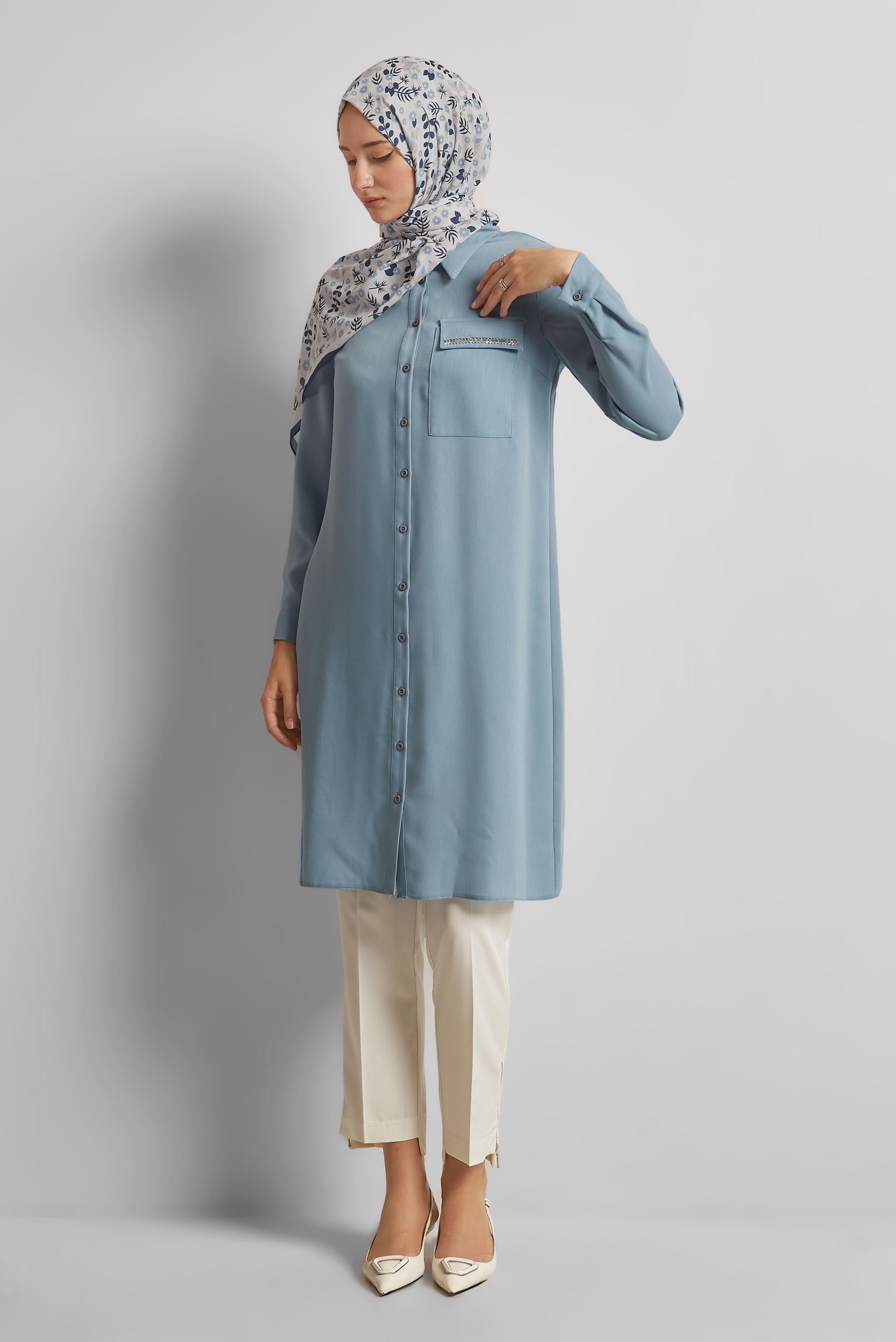 Tesettür giyim MAVİ GÖMLEK YAKA TUNİK 45611