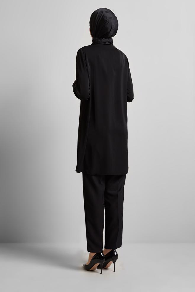 Hijab-Kleidung SCHWARZ TUNIKA MIT EDELSTEINDETAILS 45619 - ALVİNA