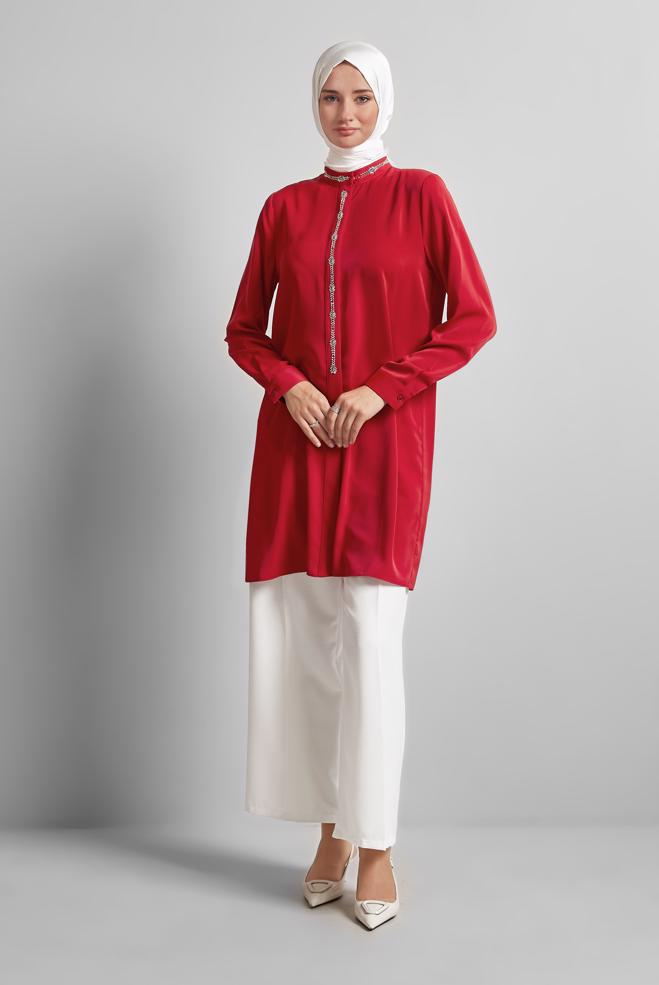 Hijab-Kleidung ROT TUNIKA MIT EDELSTEINDETAILS 45619 - ALVİNA